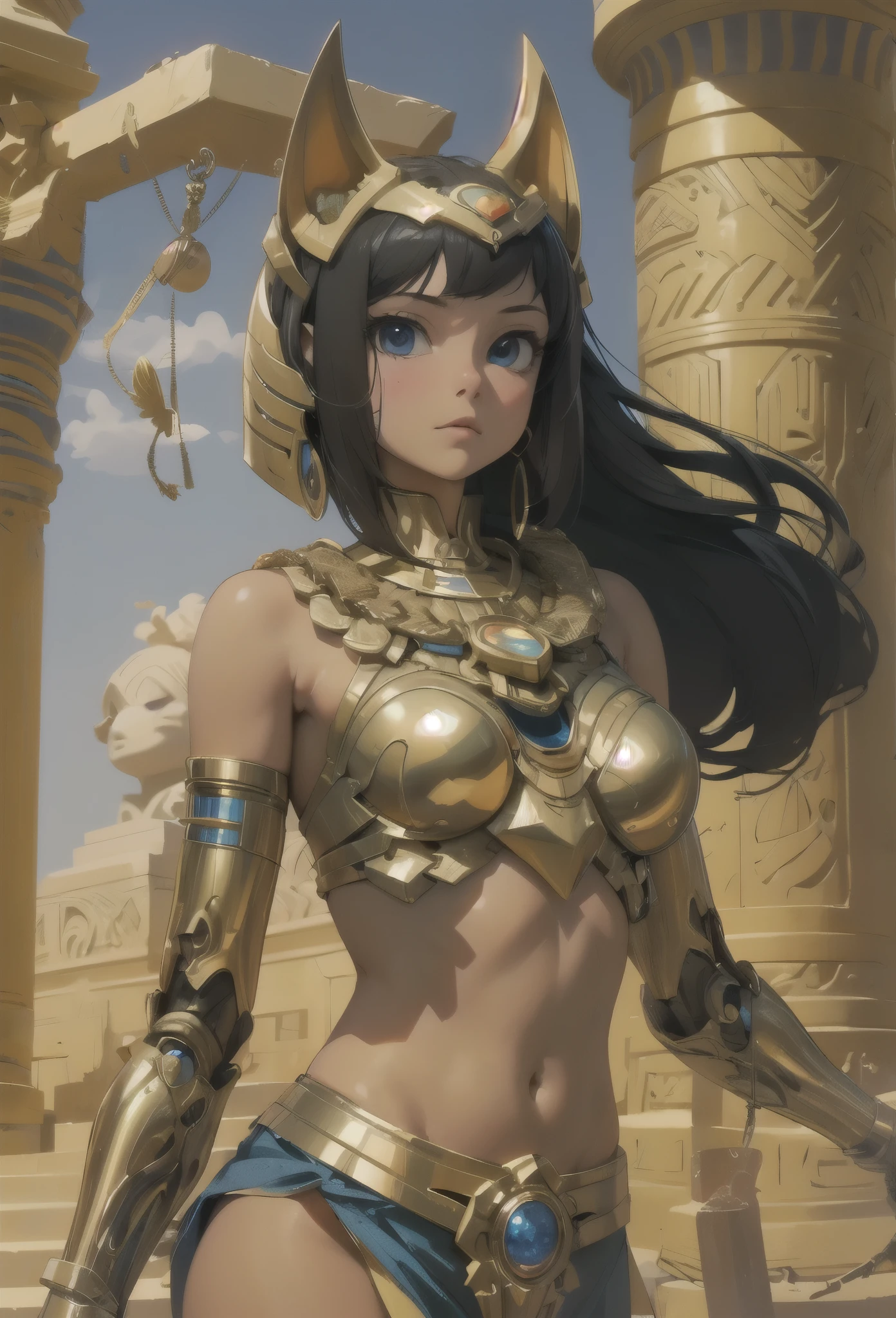((Highly accurate drawing in every detail)Extremely precise depiction)[High resolution],(detailed illustrations,とてもfineで緻密な描画,Delicate drawn lines with tempo,Realistic texture expression),[color traced main line],[ruins background [ancient egypt]],HENTAI (ANIME Girl (beautiful) 16 years old) cyborg [(tanned skin) [Shiny black hair]],((Bastet) Beautifully decorated golden cybernetic armor) ([complex decorative processing] [elegant],gorgeous golden luster (polished reflective luster)) [Gorgeous and luxurious],gravure,[Ohparts Lost Technology [hieroglyph]],(複雑でbeautiful装飾 [Dense detail]),(きめ細やかでbeautiful肌表現 [transparency]),((Precisely drawn eyes))[完璧な目のdetailed((宝石のようなbeautiful瞳)Iris drawn in precise detail)[clearly drawn pupils]],[eye light[Pinpoint lighting for the eyes]],[長くてbeautiful睫毛],[precisely drawn hair [美しく艷やかな髪のdetailed]],(完璧な手のdetailed [破綻のないbeautiful指 [beautiful nails]]),(perfect anatomy(perfectly balanced proportions))[[full body portrait]],[[Highly constructed design]][ideal color coordination(Accurate simulation of light and material interactions)],([precision detail](detailed,高fine)),[Visual art that tells a story],((highest quality)fine[[High density drawing]])(4K quality).