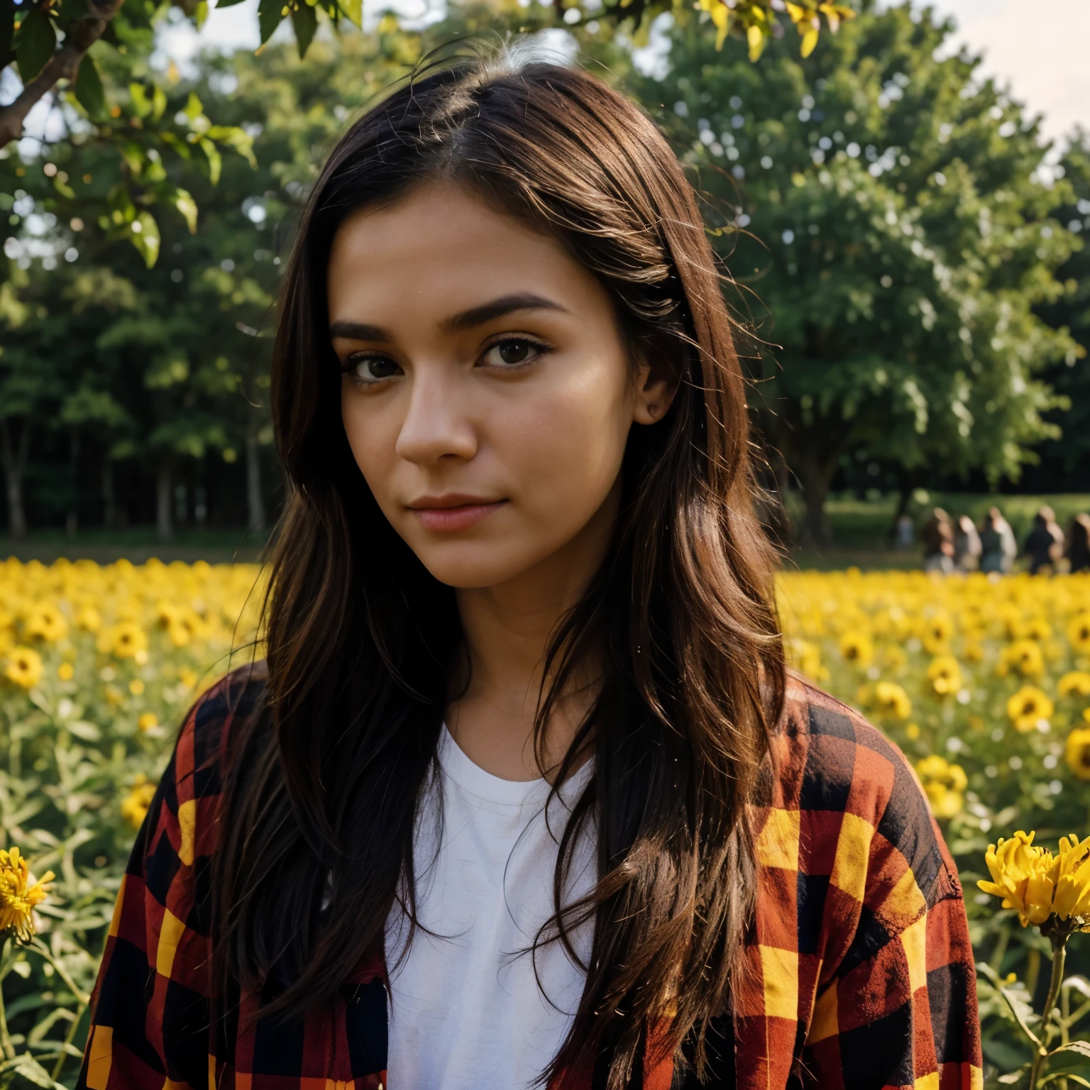 There are people of all ages picking chili peppers in the field. Among them, a 25-year-old girl is wearing a long-sleeve plaid shirt, and she is wearing a saffron flower on her cheeks.