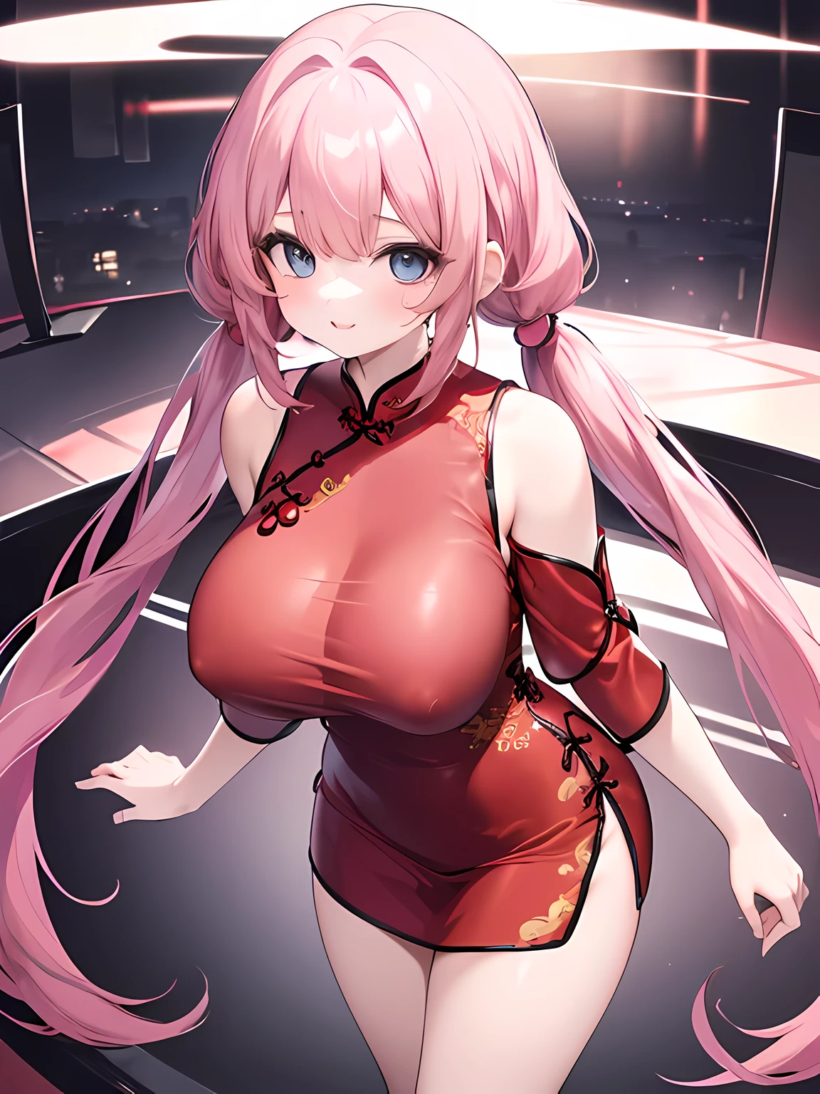 masterpiece,highest quality,(Super detailed),masterpiece,written boundary depth,perfect sentence, Detailed CG,Super detailed,(highly detailed eyes,very cute face,highly detailed face:1.3),beautiful anime girl,(solo girl:1.9),(super huge breasts:1.9),(pink hair,low twin tails:1.5),(light blue eyes:1.3),(smile full of joy:1.3),open your mouth,show viewer,break,(red cheongsam:1.5),side boob,sexy costume,slit,off shoulder,removable sleeve,micro mini skirt,chinese style background,Are standing