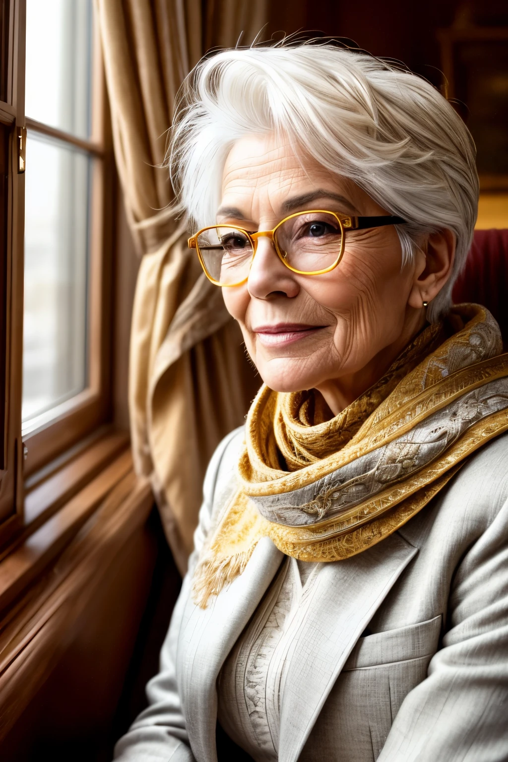 (RAW style, masterpiece, best quality, ultra-detailed), Woman 50 years old with white hair, eyeglasses, classic features, scarf, and suit, sitting in a cozy armchair near the window, warm interior, yellow lighting, autumn colors, film grain texture, (high-definition skin), cinematic light, soft sidelighting, ultra high-resolution, detailed facial features, sharp focus, vintage aesthetic, classic elegance, timeless beauty, beautiful wrinkles, expressive eyes, intricate textures, (exquisite detailing), masterpiece, best quality:1.0, ultra-high-res:1.0.