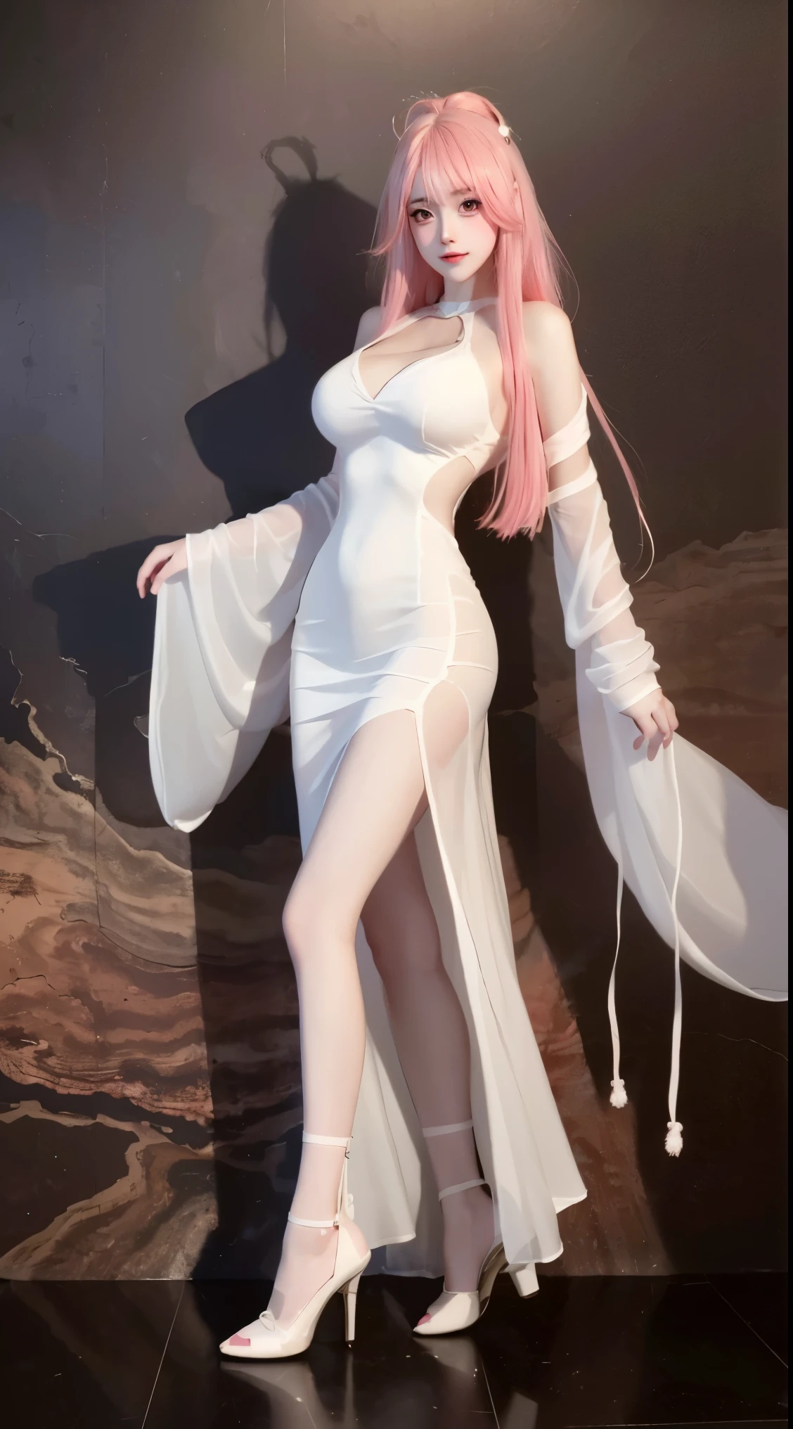 8k, Surreal, masterpiece, best quality, Super detailed, high resolution, random background, 1個Giant Breast Girl, (:1.5), Willow Yao, white dress，translucent，whole body，High heel白色透明婚纱，High heel，whole body，pink hair