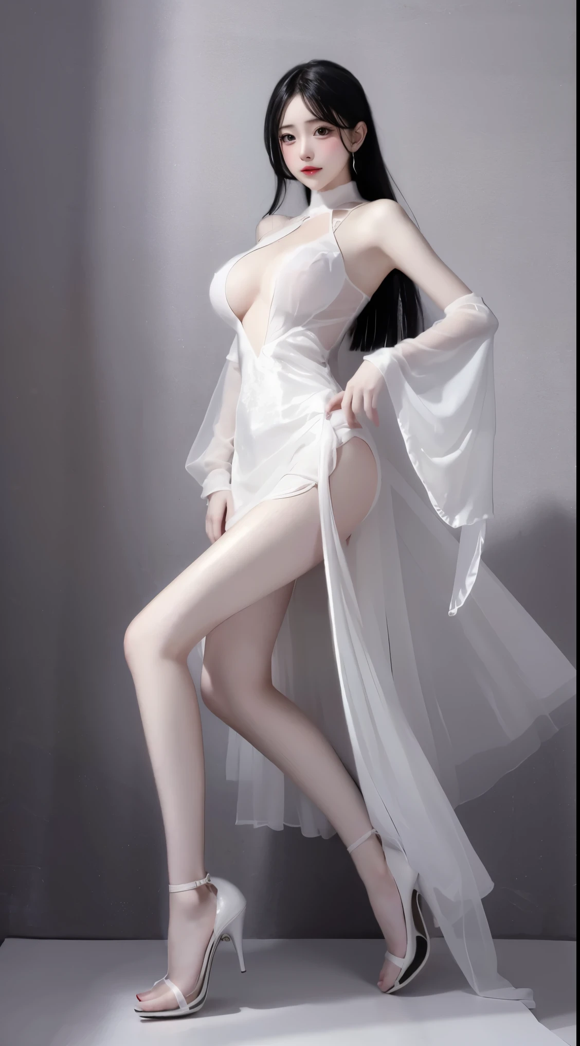 8k, Surreal, masterpiece, best quality, Super detailed, high resolution, random background, 1個Giant Breast Girl, (:1.5), Willow Yao, white dress，translucent，stand，whole body，High heel白色透明衣服，High heel，whole body