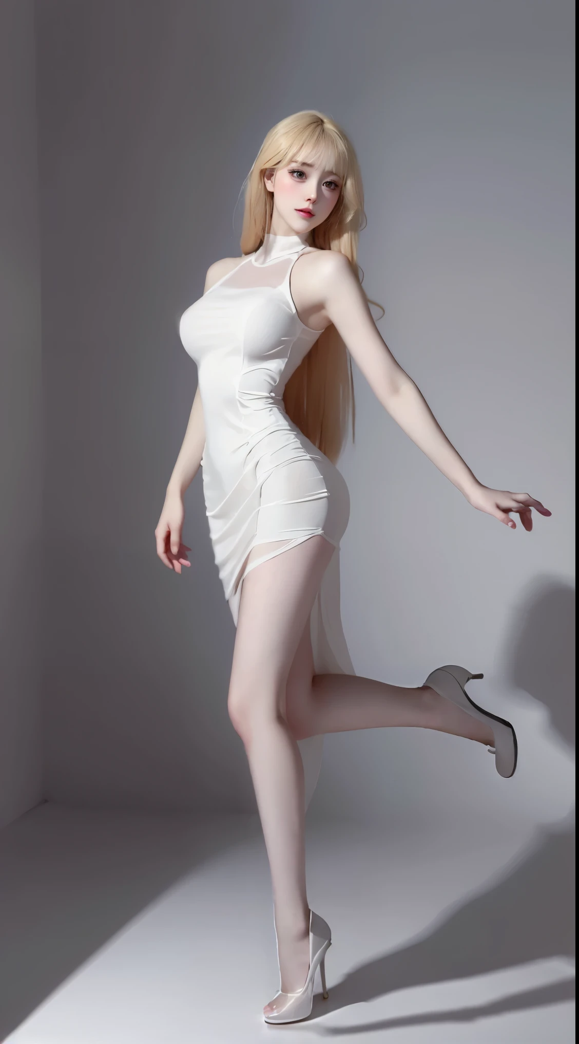 8k, Surreal, masterpiece, best quality, Super detailed, high resolution, random background, 1個Giant Breast Girl, (:1.5), Willow Yao, white dress,translucent,stand,whole body,High heel白色透明洛丽塔,High heel,whole body