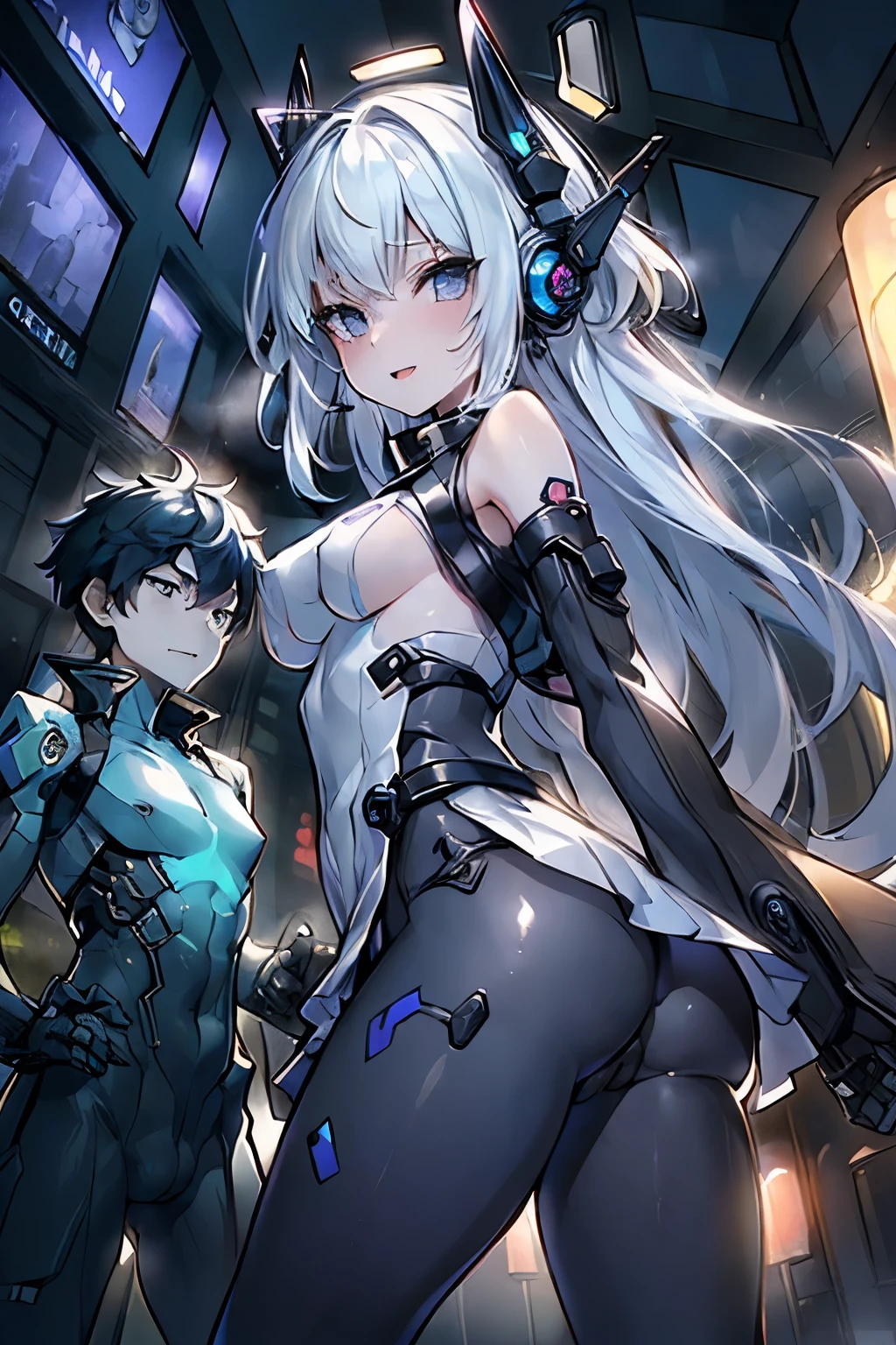 (hetero couple:2), (cityscape:1.5), (NSFW, topless bare small middle boobies, uncensored bare pussy:1.6), (Face of love, I'm so happy:1.5), (cyborg girl:1.5), low , dynamic angle, stylish free pose, (headphone, mechanical fuselage, mechanical clothing), looking at the viewer, (hime cut, long hair:1.5), (blue mini skirt:1.5), plastic corset, Beautiful light effect, glowing skin, (removable long sleeves, very wide sleeve:1.5), (caution decal, corporate logotype:1.2), (small open mouth:1),