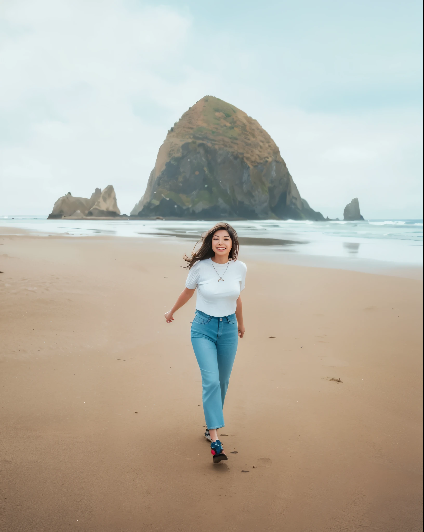 Haystack Rock Cannon Beach Oregon woman walking on the beach with a mountain in the background, posing on a beach with the ocean, girl walking on cliff, she is smiling and happy, walking on the beach, standing beside the ocean, walking on the sand, she is smiling and excited, wearing a shirt and a jean, standing in sand, woman on the beach, girl walking between dunes