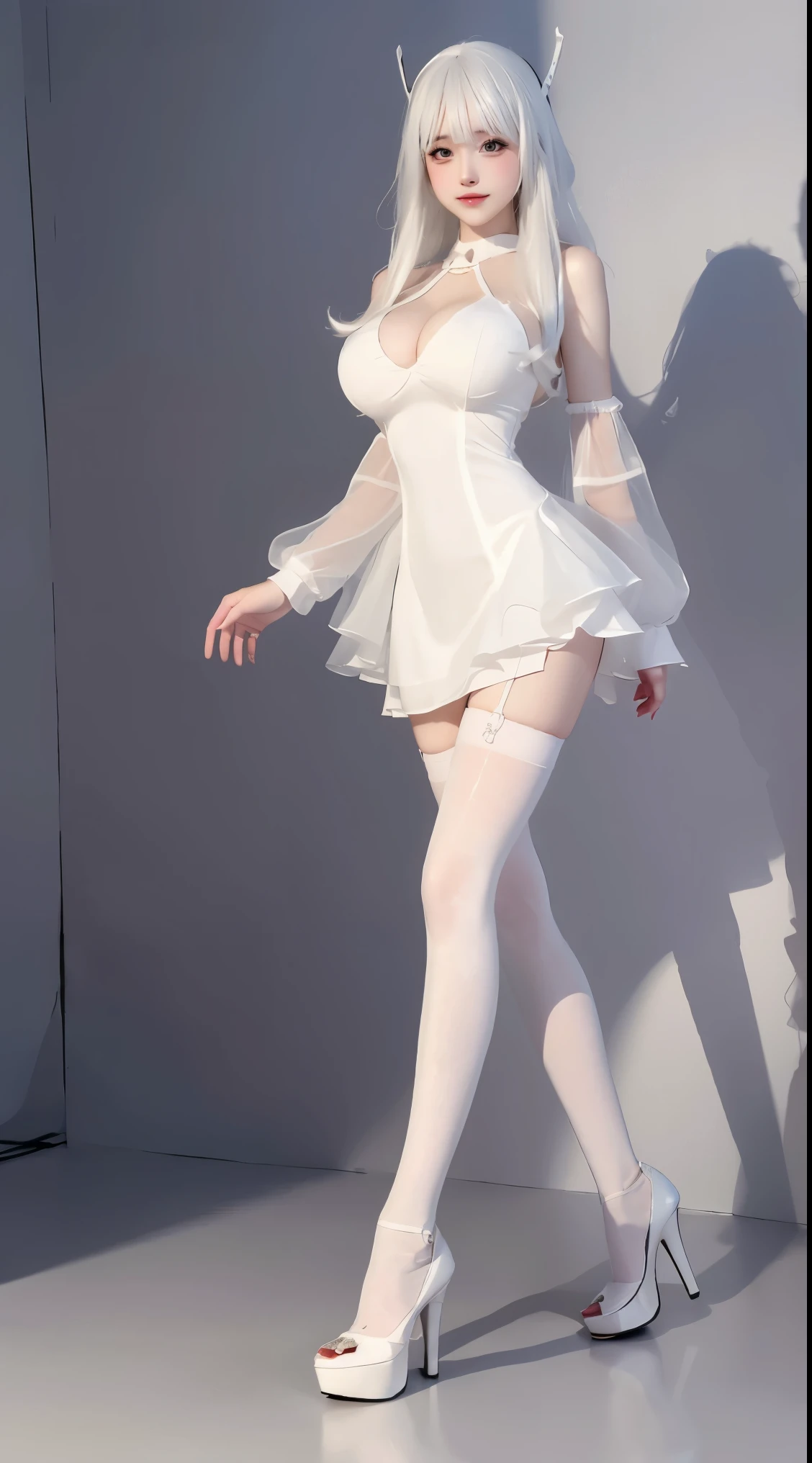 8k, Surreal, masterpiece, best quality, Super detailed, high resolution, random background, 1個Giant Breast Girl, (:1.5), Willow Yao, white dress，translucent，white hair，stand，whole body，High heel，High heel，whole body，black stockings