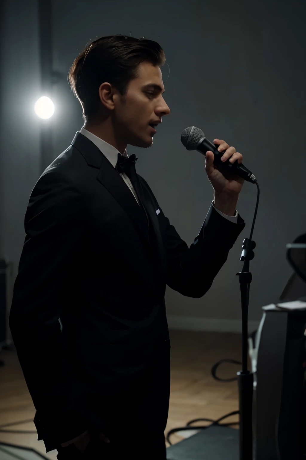 male silhouette of a showman in a suit with a wireless microphone in his hand, short hair, Slim, profile, side view, in the center of the picture, the silhouette looks more like a shadow, holding a microphone to his mouth, something is shouting into the microphone