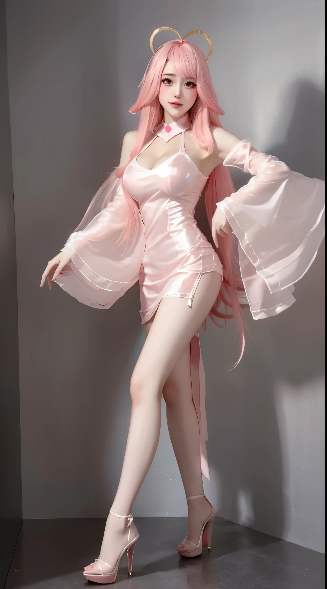 8k, Surreal, masterpiece, best quality, Super detailed, high resolution, random background, 1個Giant Breast Girl, (:1.5), Willow Yao, pink ta,translucent,pink hair,stand,whole body,High heel,High heel,whole body,white silk