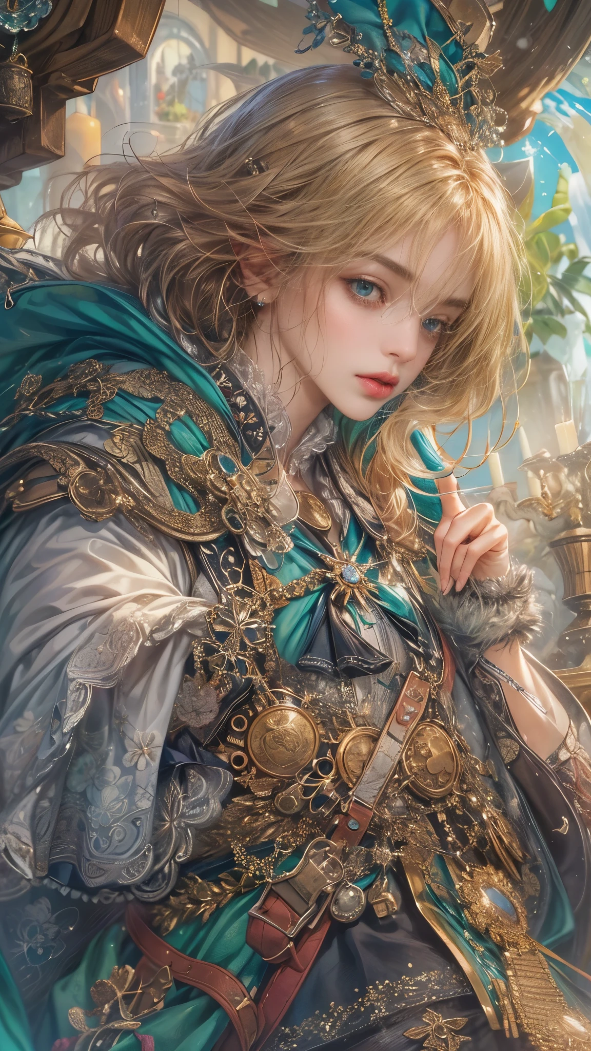 absurdres, highres, ultra detailed, HDR), masterpiece, Intricate details,best quality close-up picture of a character from Tales of the rays, handsome adult boy in tim burton style, anime eyes, Hero Outfit, in a legend of mana style of interior home design, detailed interiors, cemetery scenery, detailed character, art kenouji