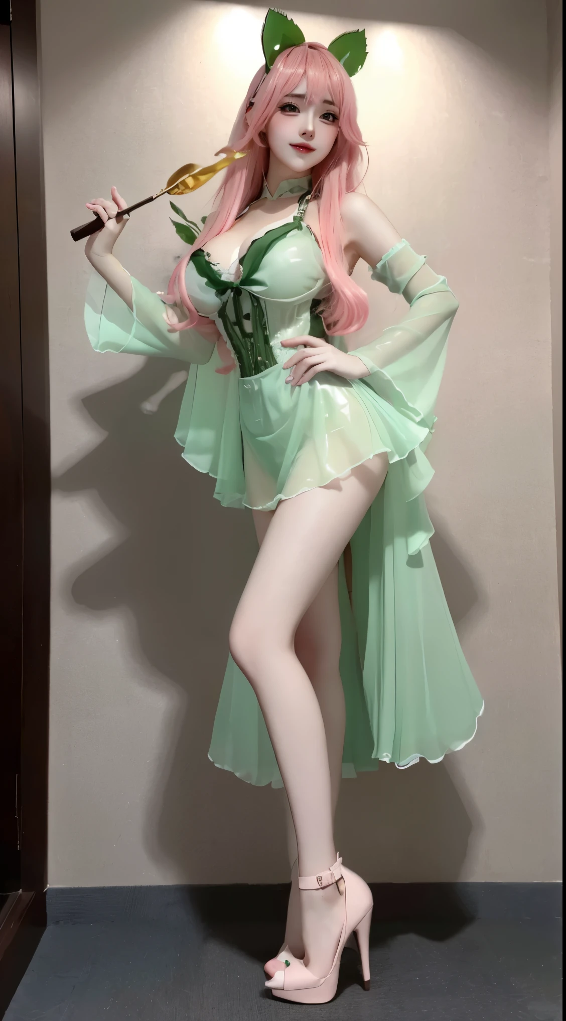 8k, Surreal, masterpiece, best quality, Super detailed, high resolution, random background, 1個Giant Breast Girl, (:1.5), Willow Yao, Green Lolita，translucent，green hair，stand，whole body，High heel，High heel，whole body，