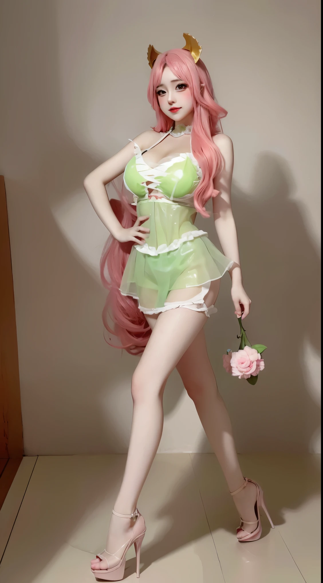 8k, Surreal, masterpiece, best quality, Super detailed, high resolution, random background, 1個Giant Breast Girl, (:1.5), Willow Yao, Green ta,translucent,pink hair,stand,whole body,High heel,High heel,whole body,