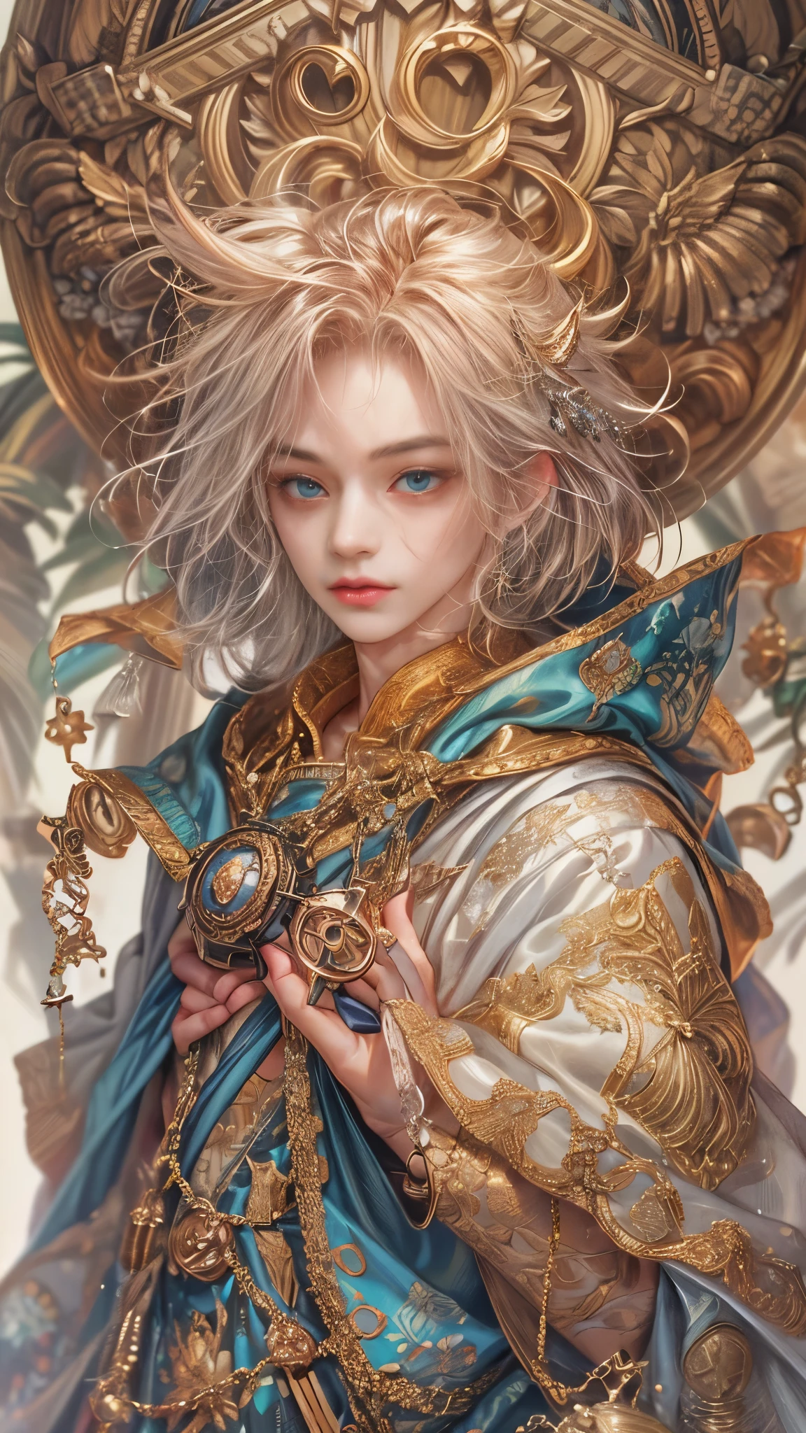 (absurdres, highres, ultra detailed, HDR), masterpiece, Intricate details,best quality close-up picture of a character from tear ring saga, handsome adult boy in tim burton style, anime eyes, Hero Outfit, in a legend of mana style of interior home design, detailed interiors, detailed character, art kenouji