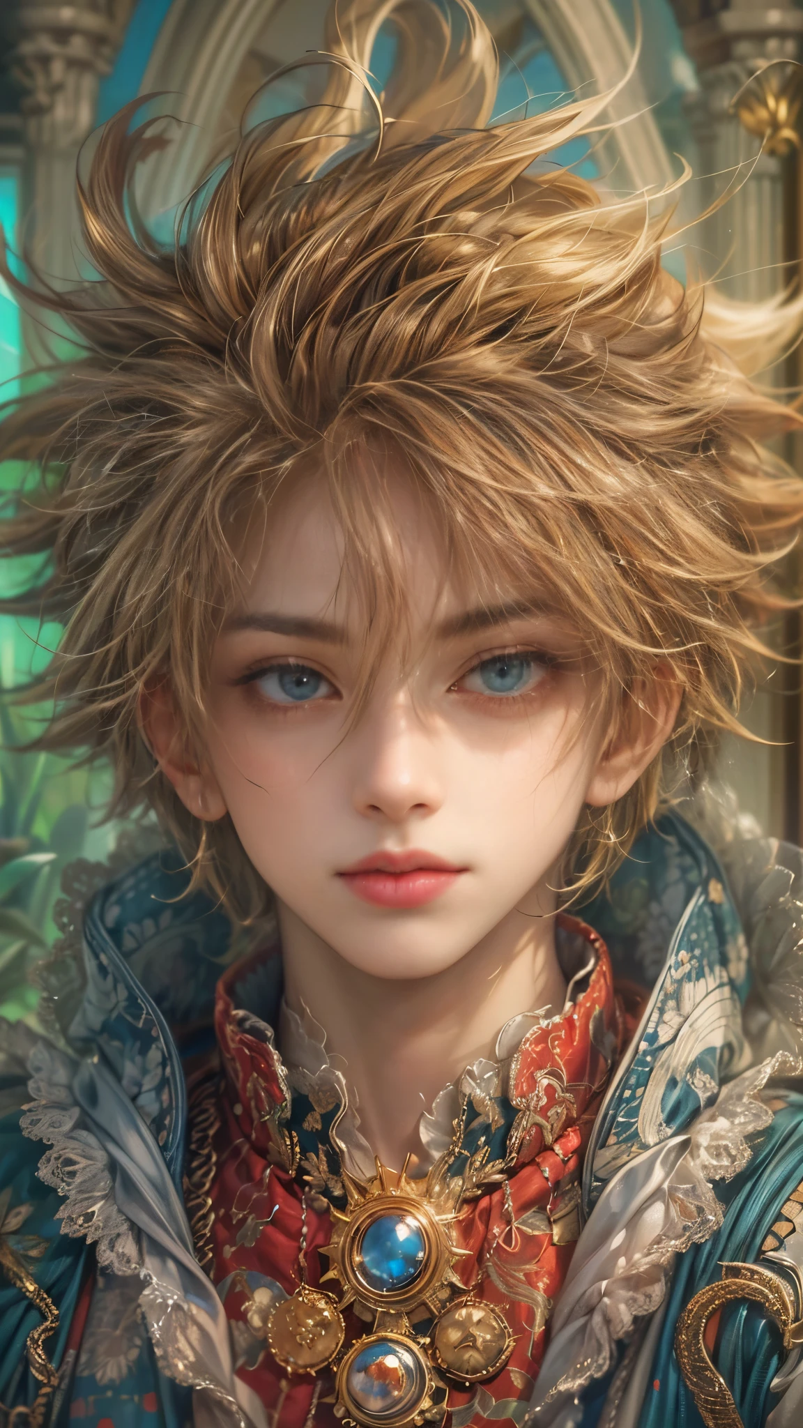 (absurdres, highres, ultra detailed, HDR), masterpiece, Intricate details,best quality close-up picture of a character from tear ring saga, handsome adult boy in tim burton style, anime eyes, Hero Outfit, in a legend of mana style of interior home design, detailed interiors, detailed character, art kenouji