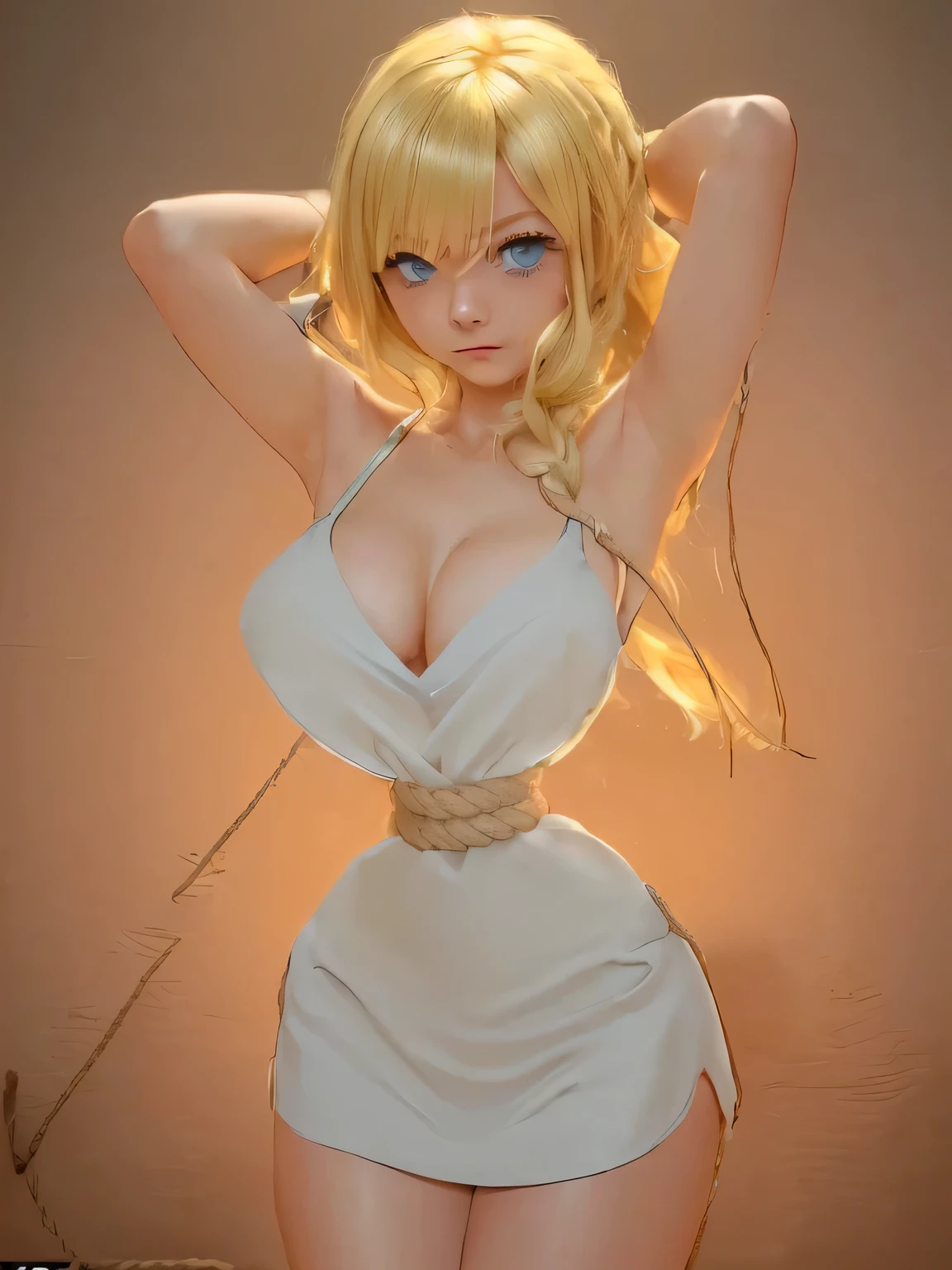 ((masterpiece)), ((highest quality)), (super detailed), torture chamber,(((Tie your waist tightly with a rope))),(((The rope digs deep into your waist.)),(((Extremely thin waist))),pretty girl, 1 girl, alone,Camisole One Piece Dress,beautiful blonde hair, (beautiful blue eyes), long hair, expression of agony