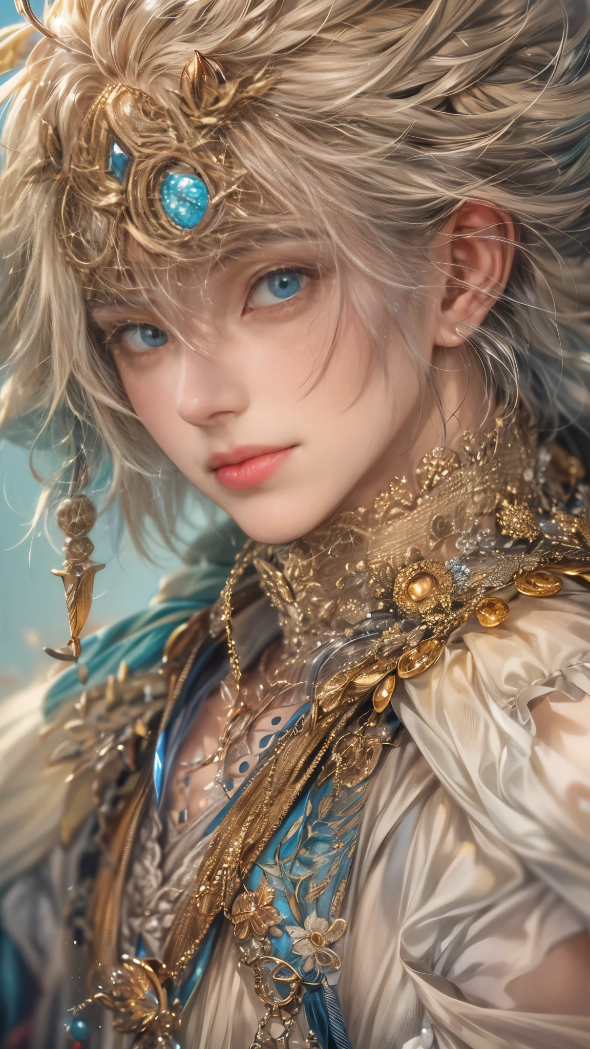 (absurdres, highres, ultra detailed, HDR), masterpiece, Intricate details,best quality close-up picture of a character from tear ring saga, handsome adult boy in tim burton style, anime eyes, Hero Outfit, in a legend of mana style of interior home design, detailed interiors, detailed character, art kenouji