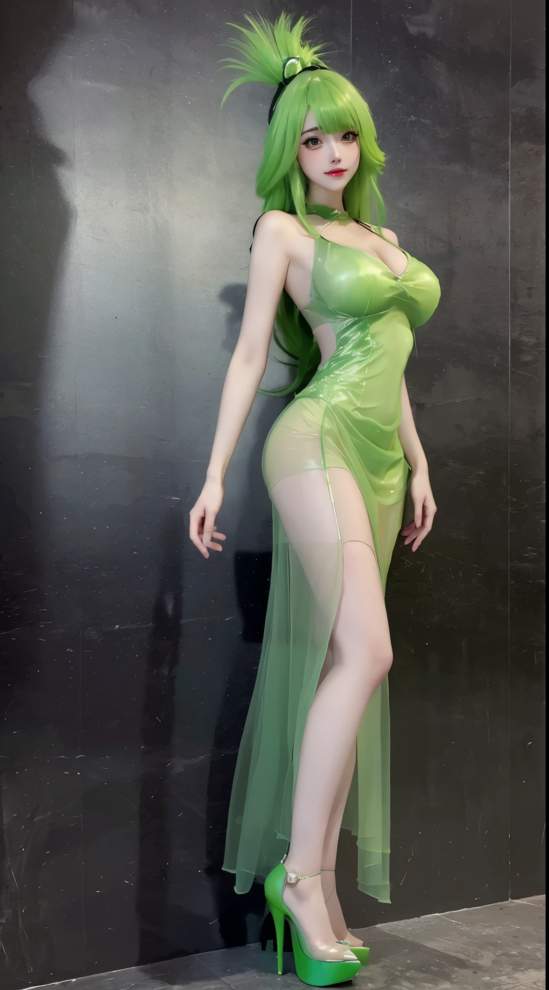 8k, Surreal, masterpiece, best quality, Super detailed, high resolution, random background, 1個Giant Breast Girl, (:1.5), Willow Yao, Green period costume，translucent，green hair，stand，whole body，High heel，High heel，whole body，