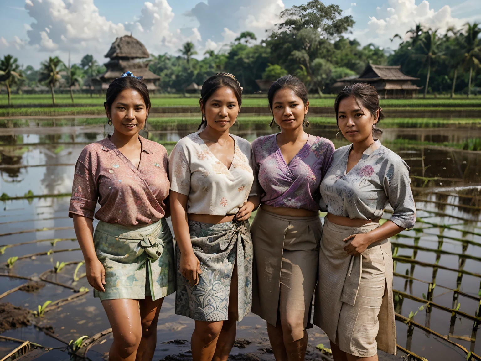 a beautiful naked Sundanese girl, sweaty, athletic body, and hairy armpits, being carried by two women