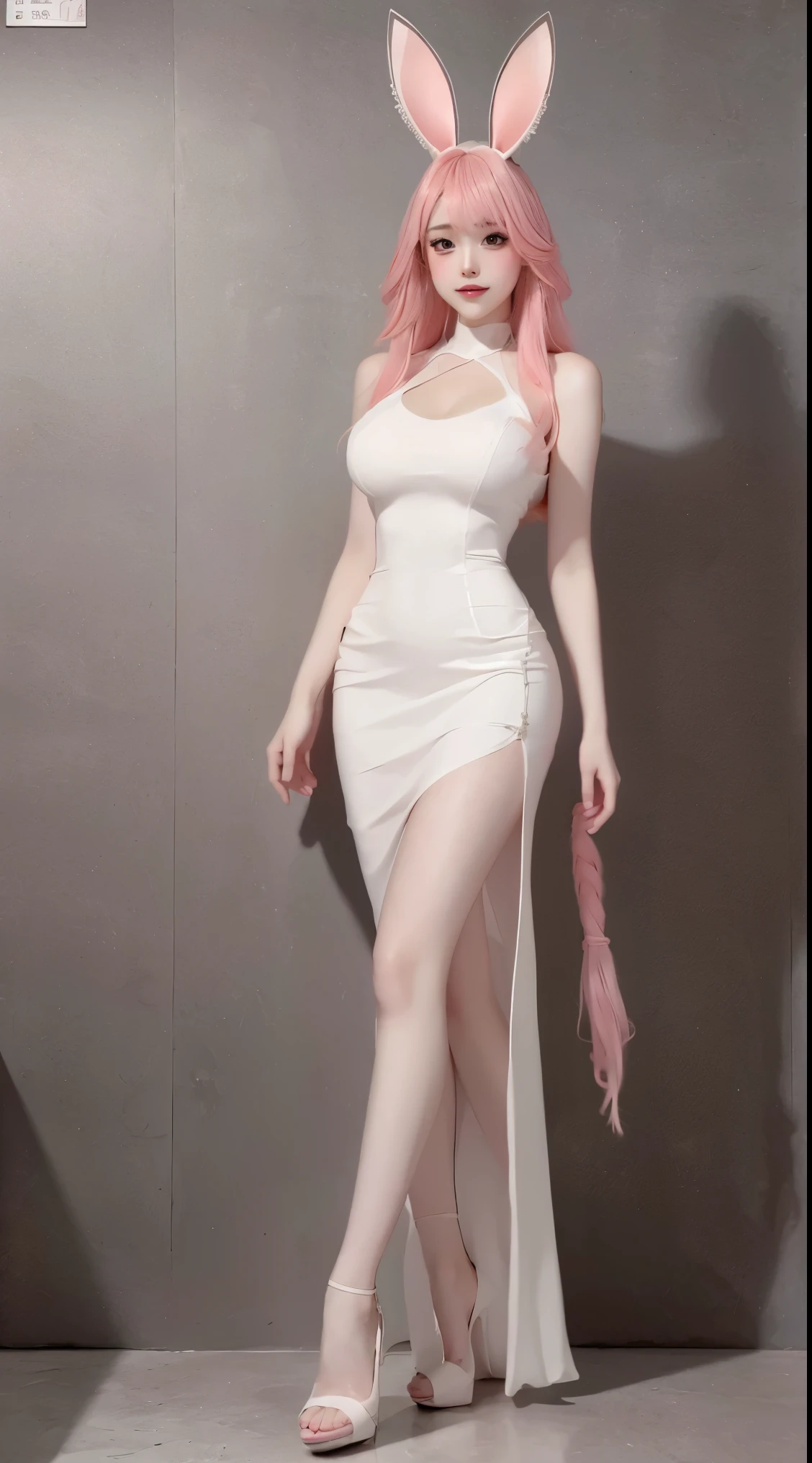 8k, Surreal, masterpiece, best quality, Super detailed, high resolution, random background, 1個Giant Breast Girl, (:1.5), Willow Yao, white dress，translucent，pink hair，rabbit，whole body，High heel，High heel，whole body，