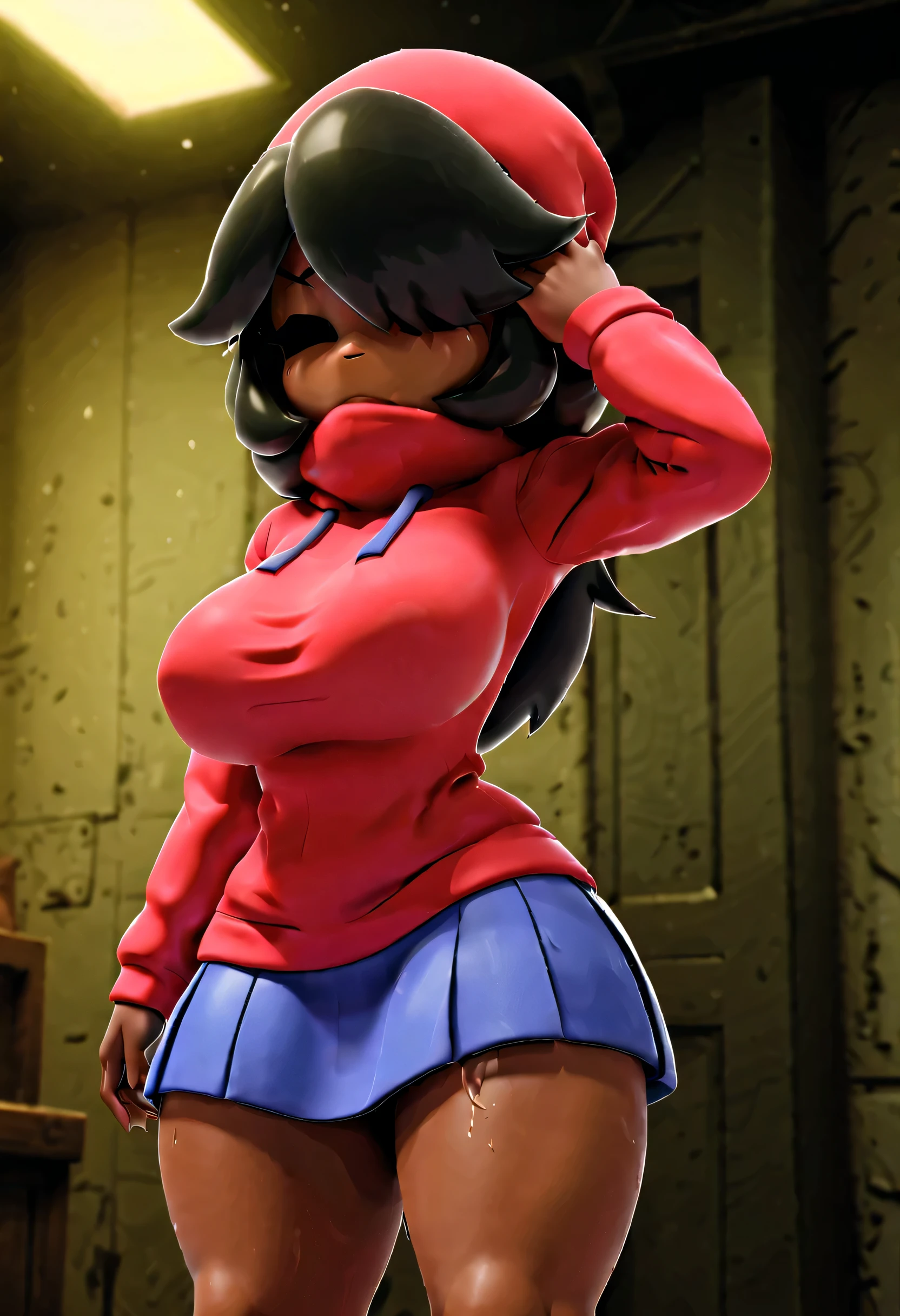 (best quality, masterpiece1.2), 1girl, solo, human, cally3d, (shygal), hair covering eyes, messy hair, nervous, dark skinned female, no pupils, woman, red hoodie, sexy, detailed, extreme detail, perfect lighting, 4k, hood off, black hair, skirt, mature female,