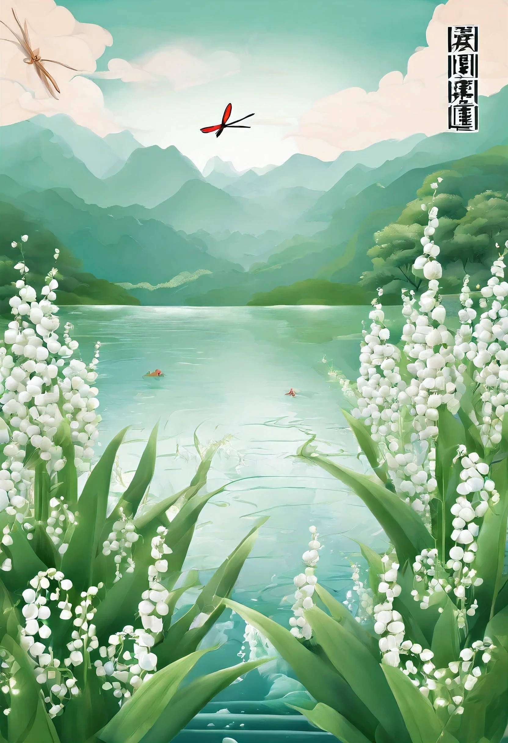 Lixia,Chinese traditional solar terms,(((lily of the valley))),ethnic style,Mo Feng,Solid background,(((dragonfly))),water surface,landscape,Mo Feng,Solid background