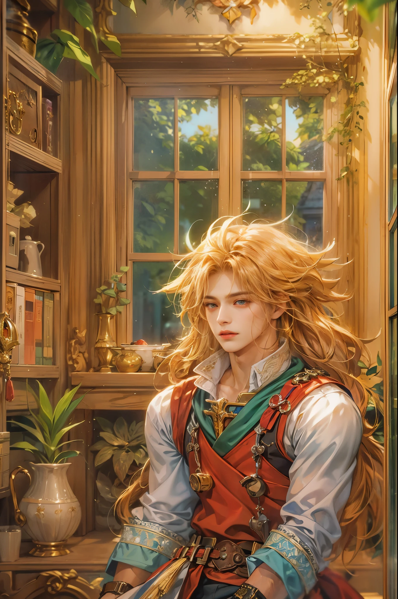 (absurdres, highres, ultra detailed, HDR), masterpiece, best quality, legend of mana character, boy hero, detailed face, handsome face, anime eyes, inside home beside window, detailed character, detailed indoor, detailed home, art kenouji