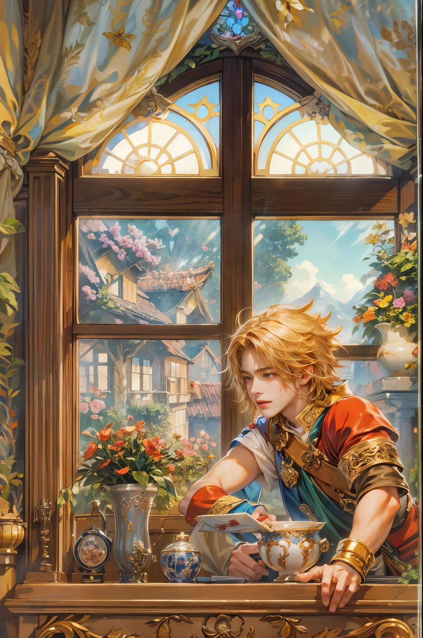 (absurdres, highres, ultra detailed, HDR), masterpiece, best quality, legend of mana character, boy hero, detailed face, handsome face, anime eyes, inside home beside window, detailed character, detailed indoor, detailed home, art kenouji