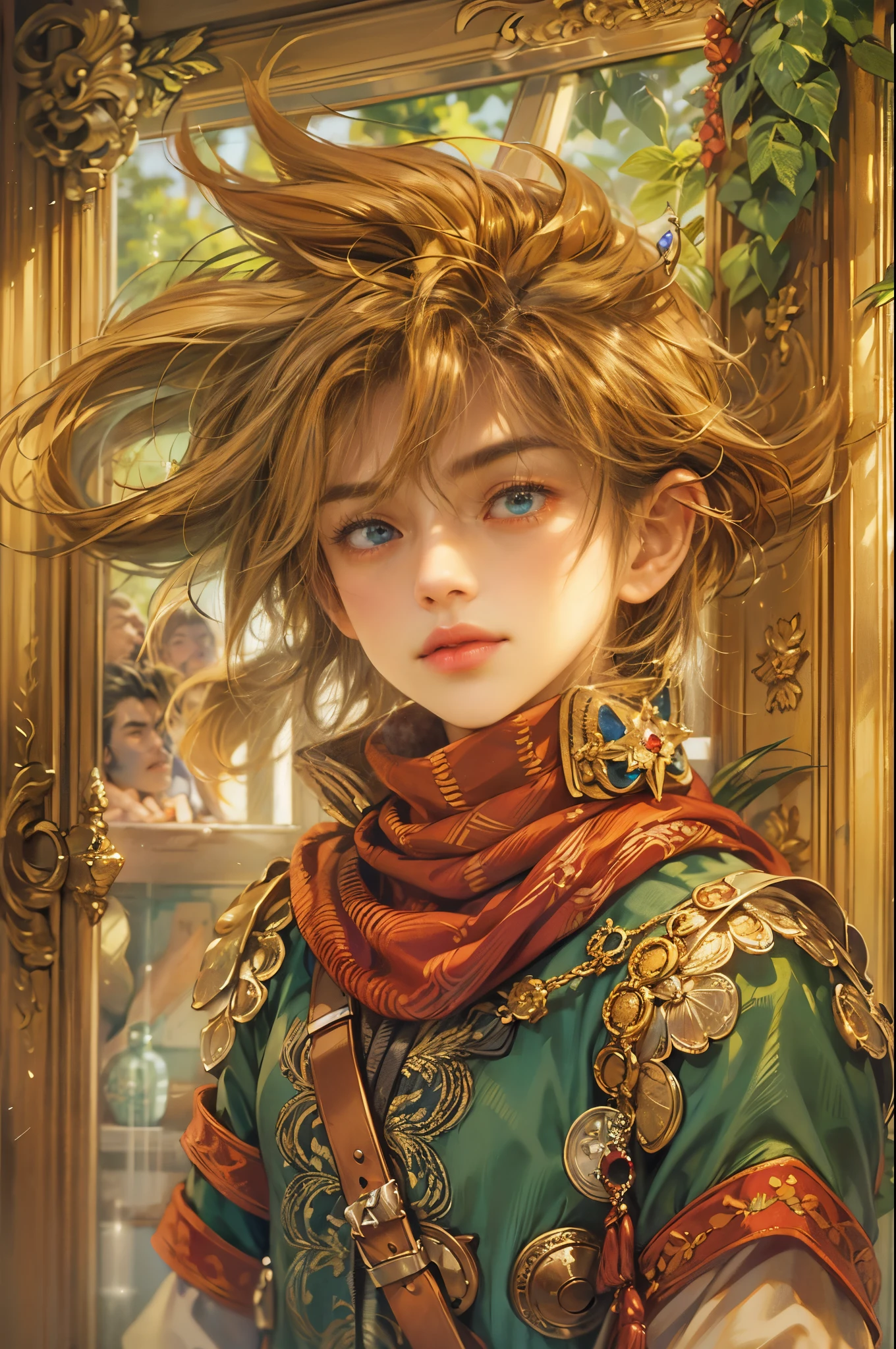 (absurdres, highres, ultra detailed, HDR), masterpiece, best quality, legend of mana character, boy hero, detailed face, handsome face, anime eyes, inside home beside window, detailed character, detailed indoor, detailed home, art kenouji