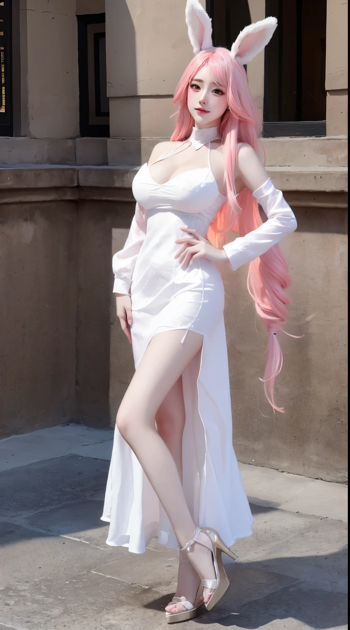 8k, Surreal, masterpiece, best quality, Super detailed, high resolution, random background, 1個Giant Breast Girl, (:1.5), Willow Yao, white dress，translucent，pink hair，rabbit，whole body，High heel，High heel，whole body，