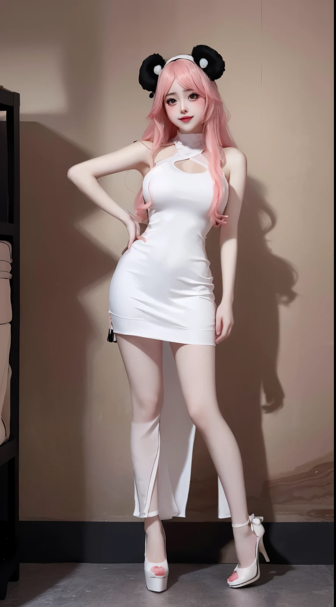 8k, Surreal, masterpiece, best quality, Super detailed, high resolution, random background, 1個Giant Breast Girl, (:1.5), Willow Yao, white dress，translucent，pink hair，panda，whole body，High heel，High heel，whole body，