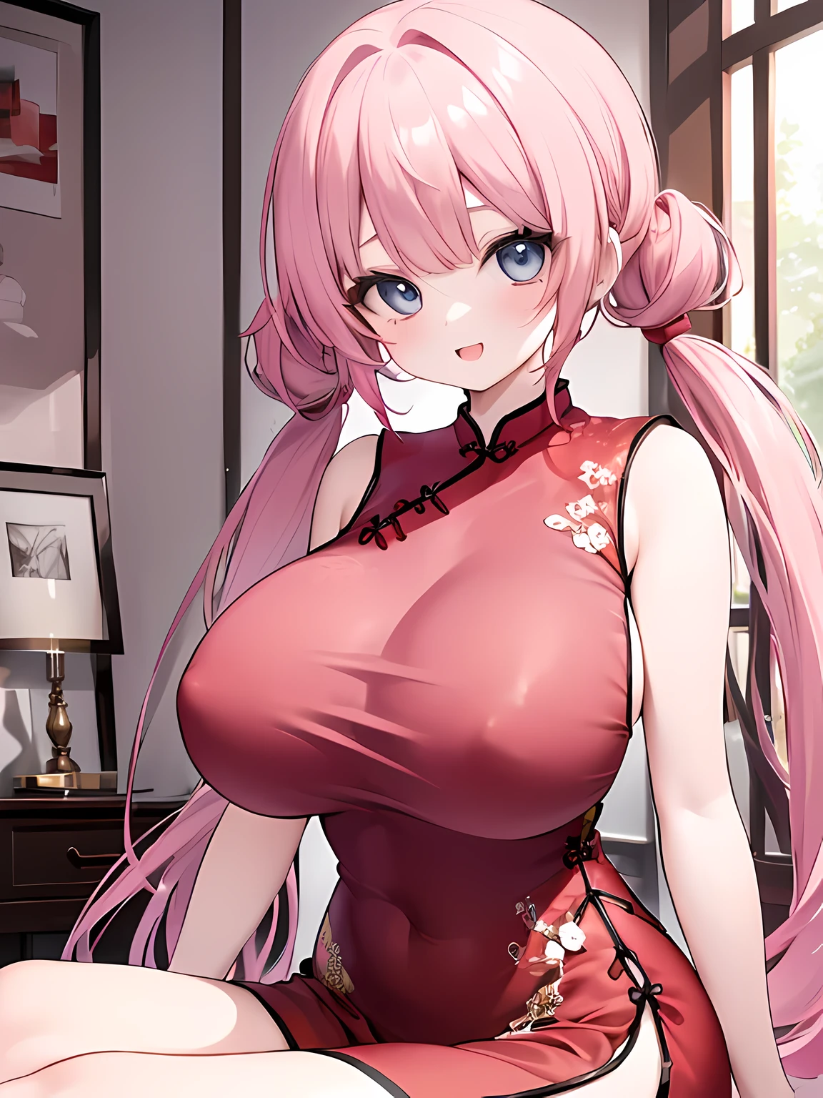 masterpiece,highest quality,(Super detailed),masterpiece,written boundary depth,perfect sentence, Detailed CG,Super detailed,(highly detailed eyes,very cute face,highly detailed face:1.3),beautiful anime girl,(solo girl:1.9),(super huge breasts:1.9),(pink hair,low twin tails:1.5),(light blue eyes:1.3),(smile full of joy:1.3),open your mouth,show viewer,break,(red cheongsam,side boob:1.5),sexy costume,slit,off shoulder,removable sleeve,micro mini skirt,chinese style background,Are standing
