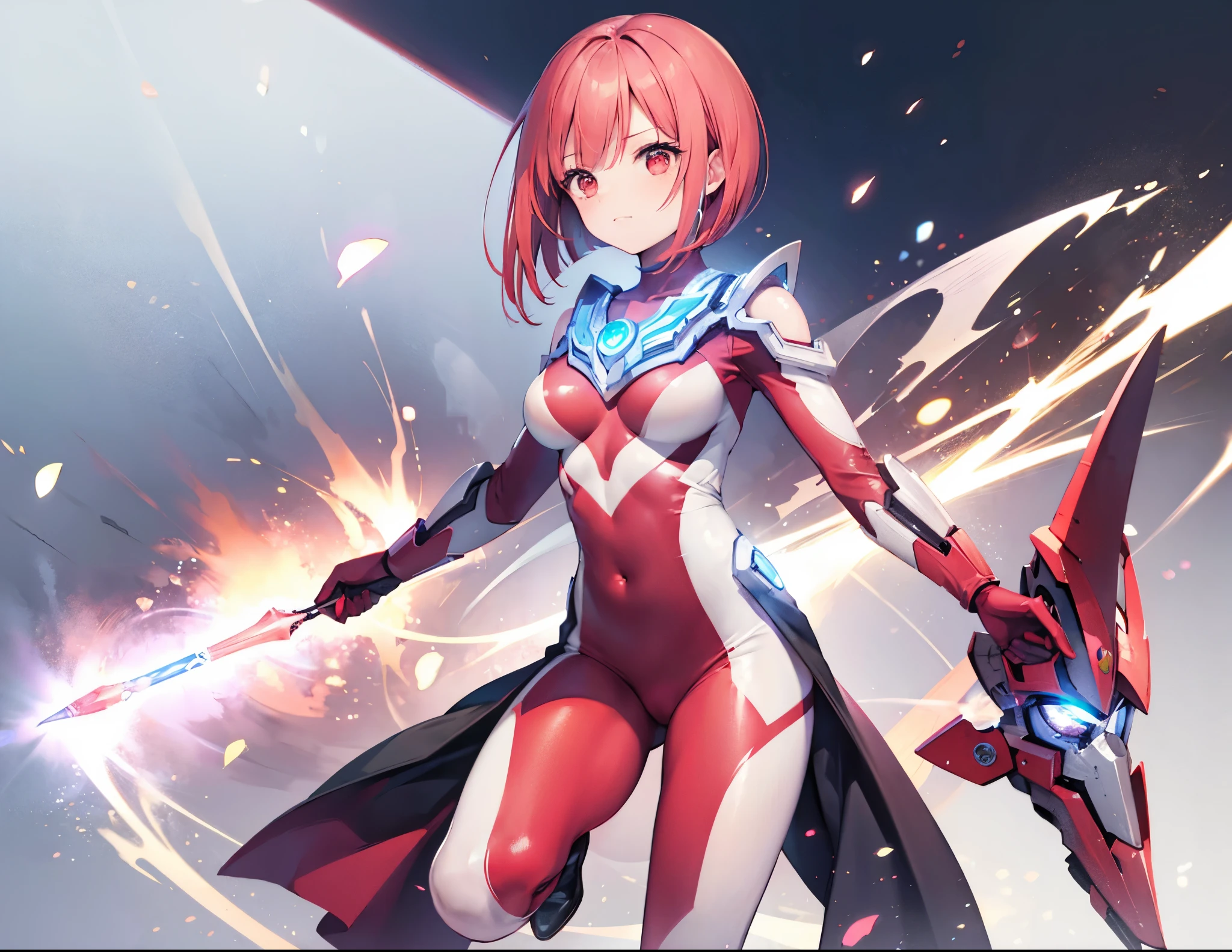 Close-up,highest quality, ultra detail, High quality CG drawing, The most delicate and beautiful, Floating gently, High resolution, (1 girl), (Highest image quality,4K,8K,masterpiece:1.2),(all red hair:1.5),(short bob:1.5),bangs bangs,(red eyes:1.5), (ultra girl :1.0), (silver and red ultraman bodysuit:1.4),slightly bigger breasts,red gloves