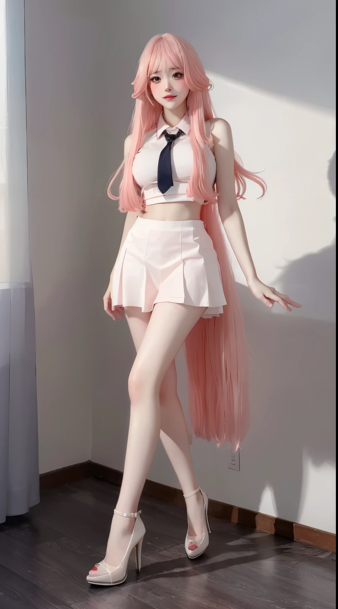 8k, Surreal, masterpiece, best quality, Super detailed, high resolution, random background, 1個Giant Breast Girl, (:1.5), Willow Yao, white school uniform,translucent,pink hair,classroom,whole body,High heel,High heel,whole body,