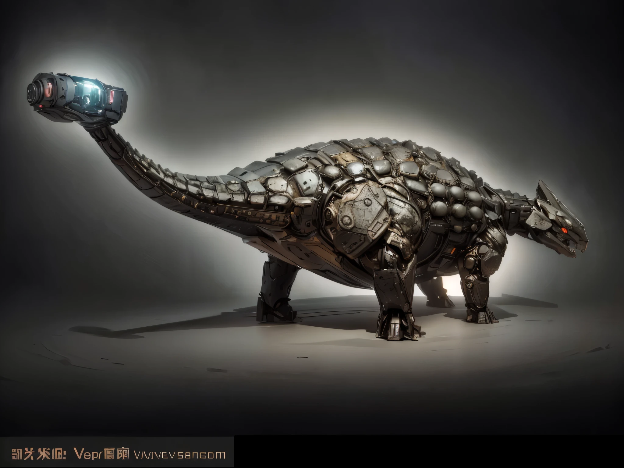 (futuristic:1.5,cyberpunk),(Black canvas background:1.4,blurred background:1.4), Mechanical Ankylosaurus, (Mechanical body:1.2, mechanical limbs:1.2, gear joints, Glowing eyes, realistic scifi cyberpunk armo),Ray Tracing, Reasonable structure,backlight, close up, Mechanical elements,cybernetic, complex,Selective focus, high res