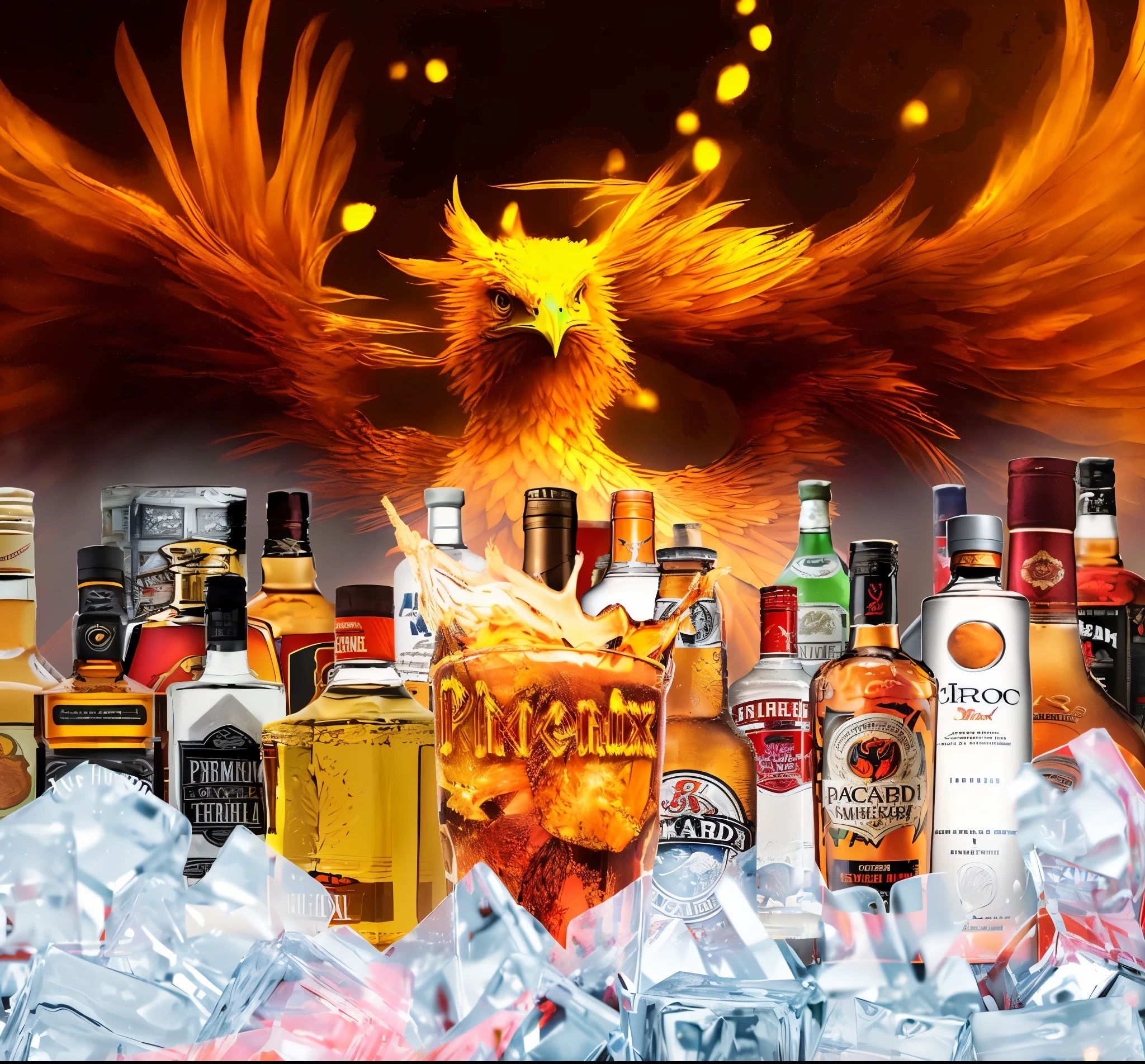 there is a large amount of alcohol bottles on a table, phoenix, ''wallpaper of a phoenix, phoenix-inspired, the phoenix, made of drink, ''wallpaper of a phoenix resting, ice and fire, commercial product photography, spirits, phoenix rising, background bar, sky high level of alcoholism, avangard, drink, gryphon, bar background
