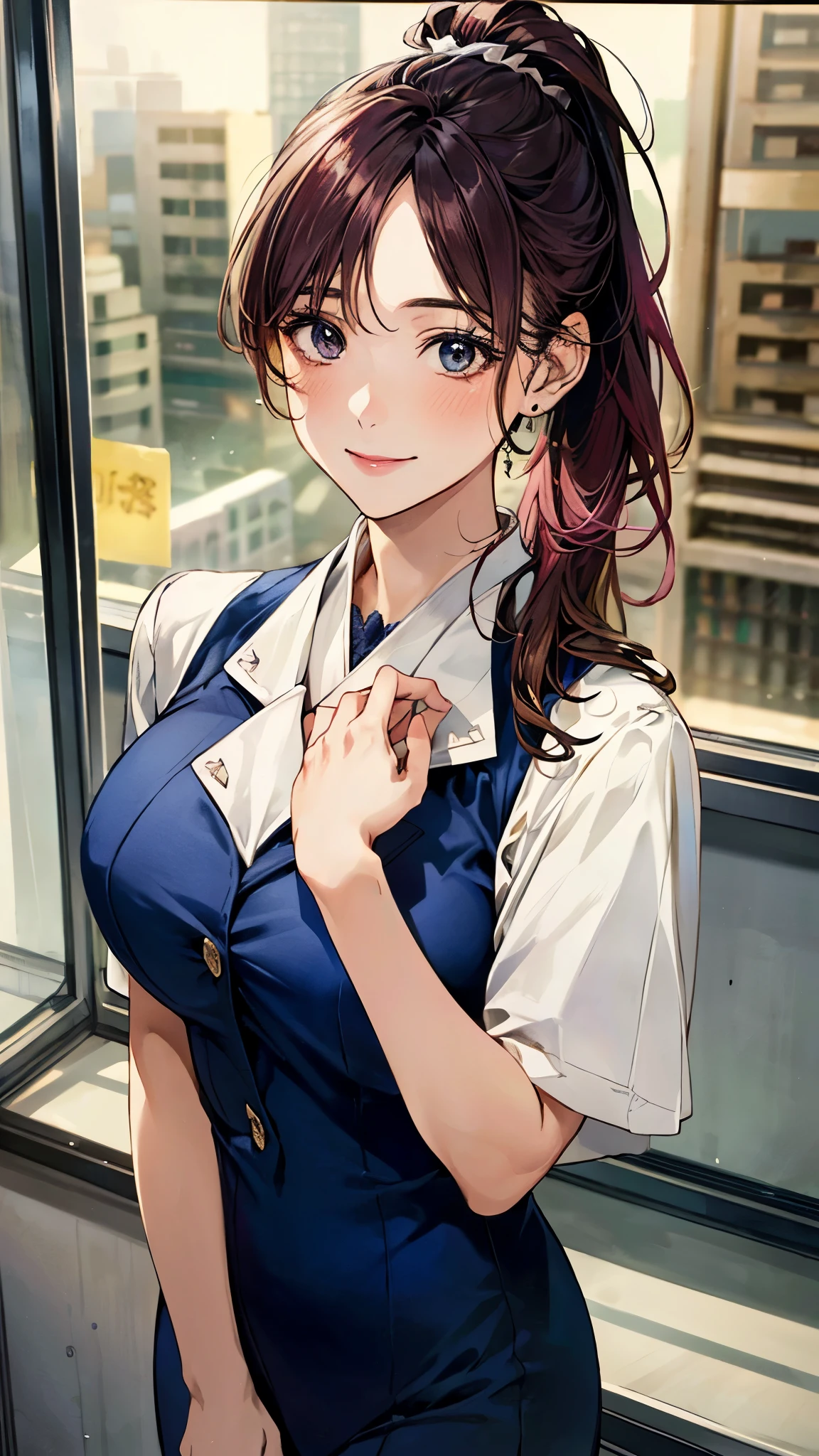 (masterpiece:1.3, top-quality), (realistic, photorealistic:1.4), beautiful illustration, (natural side lighting, movie lighting),
looking down, full body, from below, 1 girl, japanese, (receptionist), 20 years old, perfect face, (perfect anatomy), cute and symmetrical face, shiny skin,
(long hair, ponytail, black hair, pink hair ribbon), swept bangs, dark blue eyes, slant eyes, long eye lasher, (large breasts: 0.8),
beautiful hair, beautiful face, beautiful detailed eyes, beautiful clavicle, beautiful body, beautiful chest, beautiful thigh, beautiful legs, beautiful fingers,
((insanely detailed clothes, (square neck navy-ivory one-piece reception uniform), 4 buttons)),
(beautiful scenery, depth of field, detailed background), evening, (office room), indoor, view of buildings, standing, (smile),