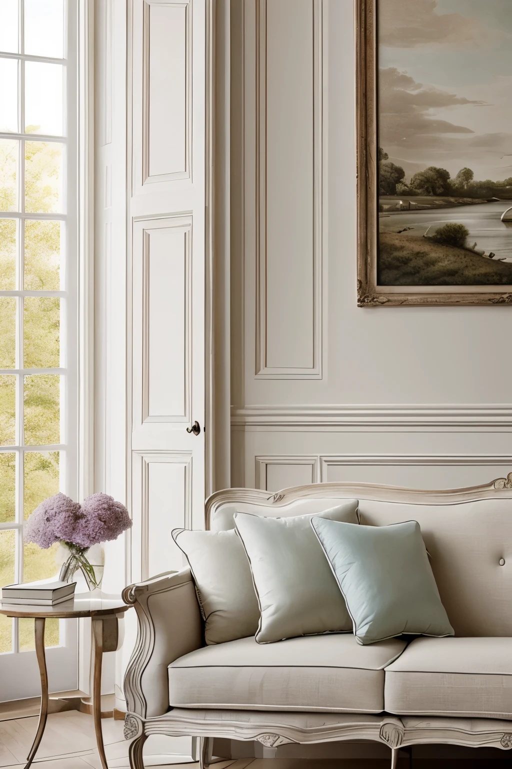 A medium close-up allows us to appreciate the beauty of a charming French Interior design living room with a floor to ceiling window. This stunningly realistic photograph showcases an incredible level of detail, inviting the viewer to marvel at the exquisite intricacies of the room's features. The soft, faded effect adds a nostalgic touch to the already mesmerizing image, enhancing its visual appeal. With its adorable appearance and impeccable clarity in stunning 4k resolution, this remarkable image effortlessly captivates the audience's attention.