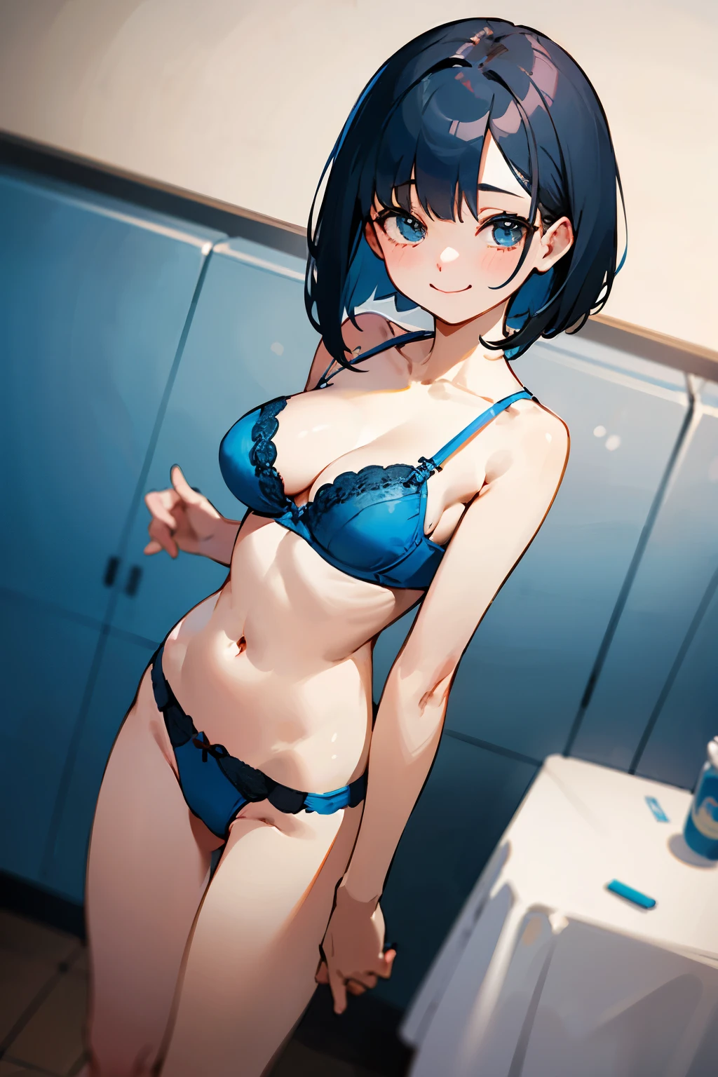 NSFW、with the best image quality、teenage girl standing in the room。black bob hair、cute smile.。cute blue bra、wearing cute blue panties。