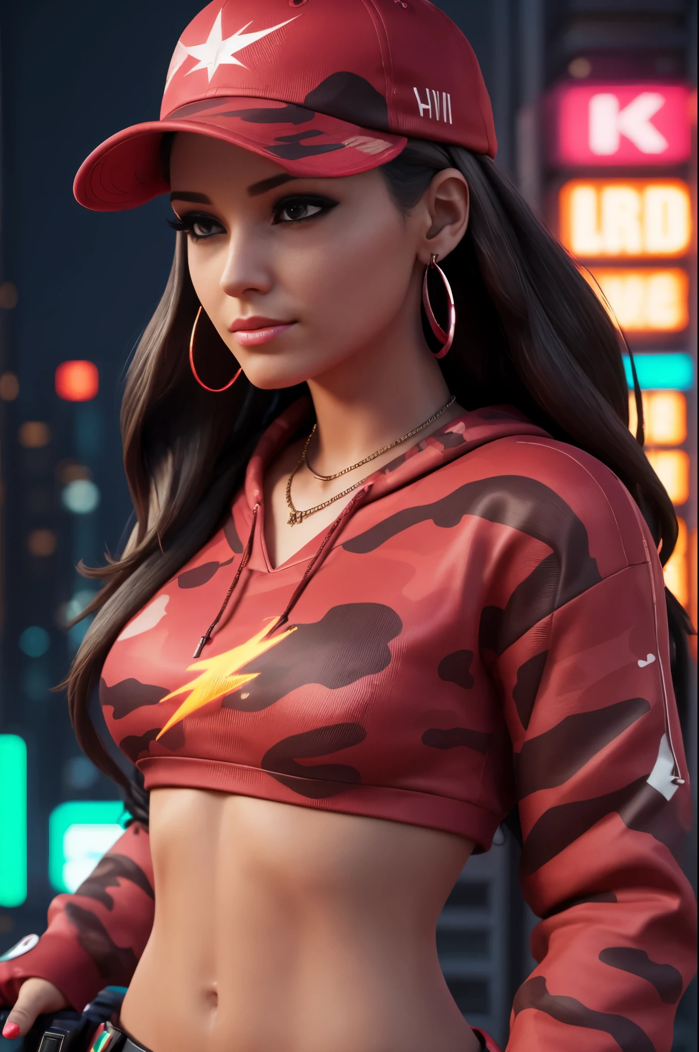 1girl, beautiful, smirk, wearing a hat, earrings, red camo sweatshirt, red_legwear, long hair, brown hair, mascara, nose lips, standing, midriff, naval, earrings, (realistic:1.5), cyberpunk, neon city, neon lights, 3d, cgi, volumetric lightning