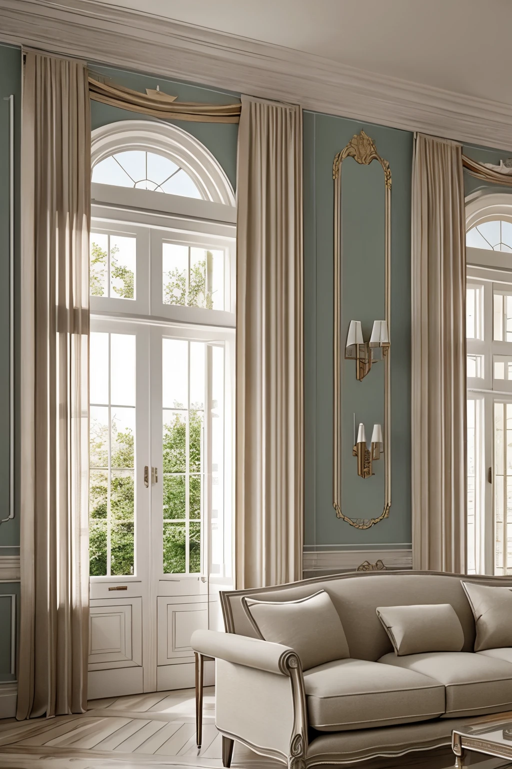 A medium close-up allows us to appreciate the beauty of a charming French Interior design living room with a floor to ceiling window. This stunningly realistic photograph showcases an incredible level of detail, inviting the viewer to marvel at the exquisite intricacies of the room's features. The soft, faded effect adds a nostalgic touch to the already mesmerizing image, enhancing its visual appeal. With its adorable appearance and impeccable clarity in stunning 4k resolution, this remarkable image effortlessly captivates the audience's attention.