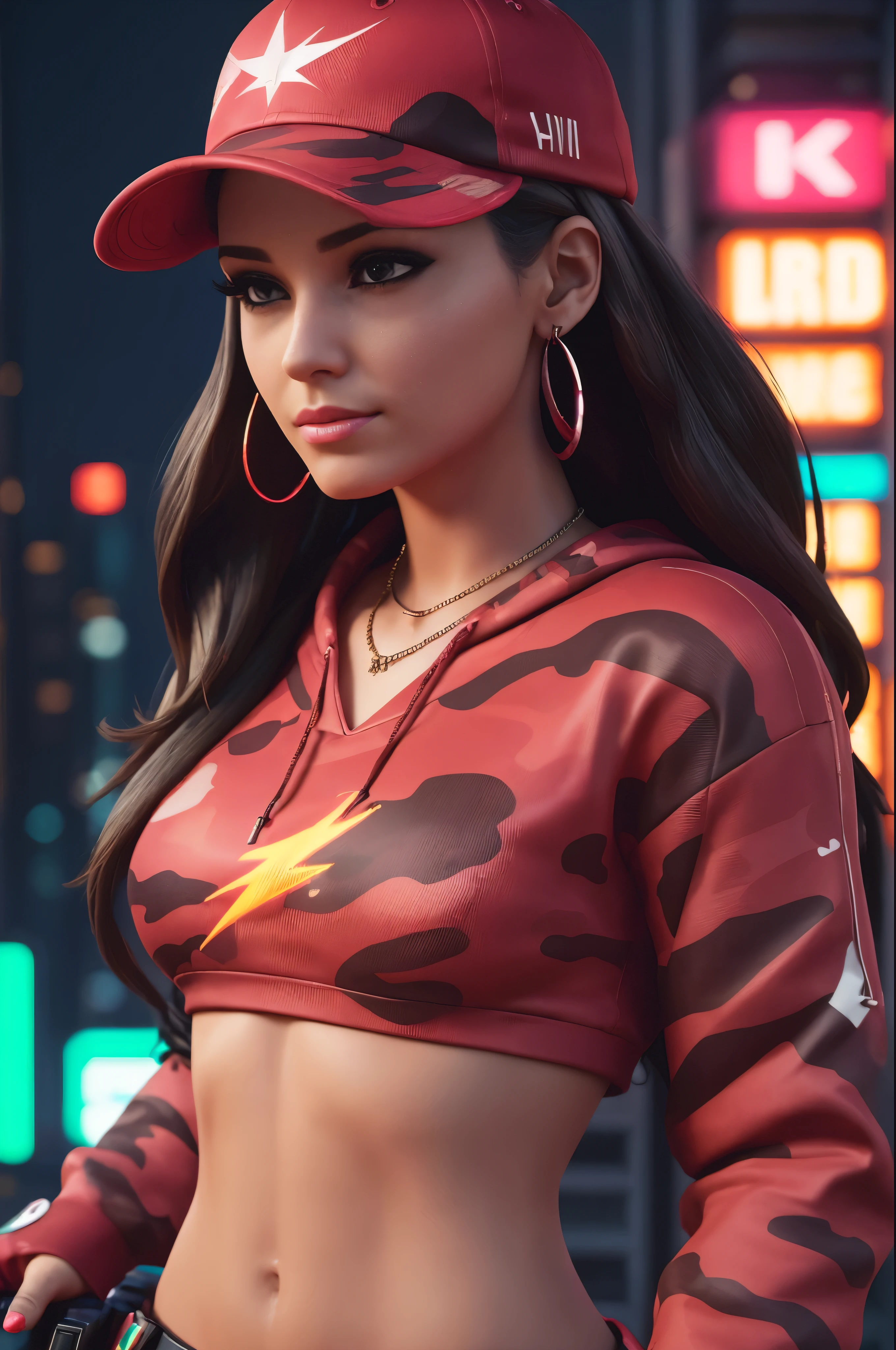 1girl, beautiful, smirk, wearing a hat, earrings, red camo sweatshirt, red_legwear, long hair, brown hair, mascara, nose lips, standing, midriff, naval, earrings, (realistic:1.5), cyberpunk, neon city, neon lights, 3d, cgi, volumetric lightning