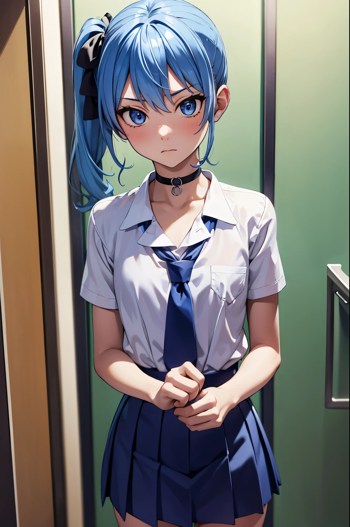 masterpiece, best quality, 1girl, solo, hoshimachisuisei, suisei hoshimachi, blue eyes, blue hair, choker, hair between eyes, medium hair, side ponytail, beautiful detailed eyes, extremely detailed face, perfect anatomy, flat chest, naked body, nude, skirt, undressing shirt, standing frontally to the viewer, pov, looking at viewer, whole body can be seen, fear, afraid, scared expression, school locker room, detailed hands, five fingers, female genitals