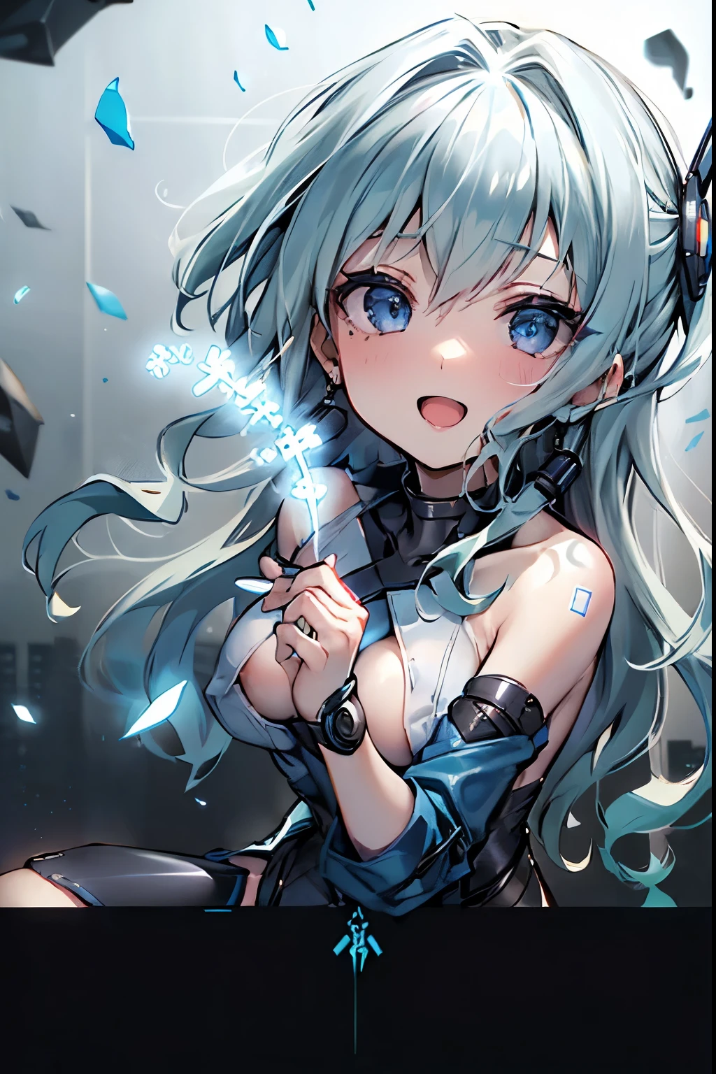 (hetero couple:2), (cityscape:1.5), (NSFW, topless bare small middle boobies, uncensored bare pussy:1.6), (Face of love, I'm so happy:1.5), (cyborg girl:1.5), low , dynamic angle, stylish free pose, (headphone, mechanical fuselage, mechanical clothing), looking at the viewer, (hime cut, long hair:1.5), (blue mini skirt:1.5), plastic corset, Beautiful light effect, glowing skin, (removable long sleeves, very wide sleeve:1.5), (caution decal, corporate logotype:1.2), (small open mouth:1),