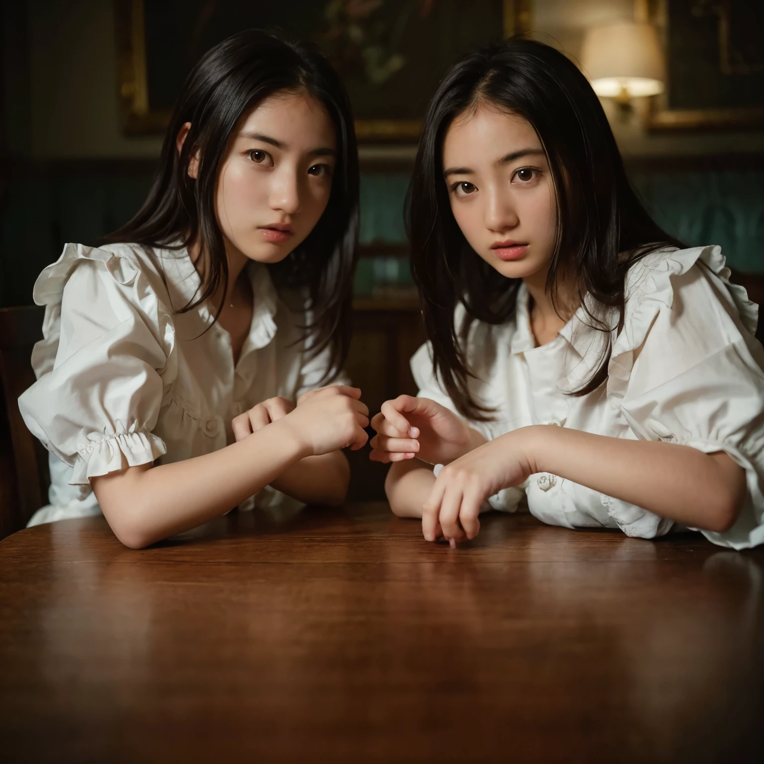 (table top, highest quality, beautiful quality), (realistic:1.4), (detailed lighting, highly detailed skin, very fine hair, shadowy, 8k,  with baby face、Idwin sisters of girls:1.2), looking at the viewer, (high key lighting), highest quality, official art, unity 8k wallpaper, 超A high resolution, super detailed, beautiful and aesthetic