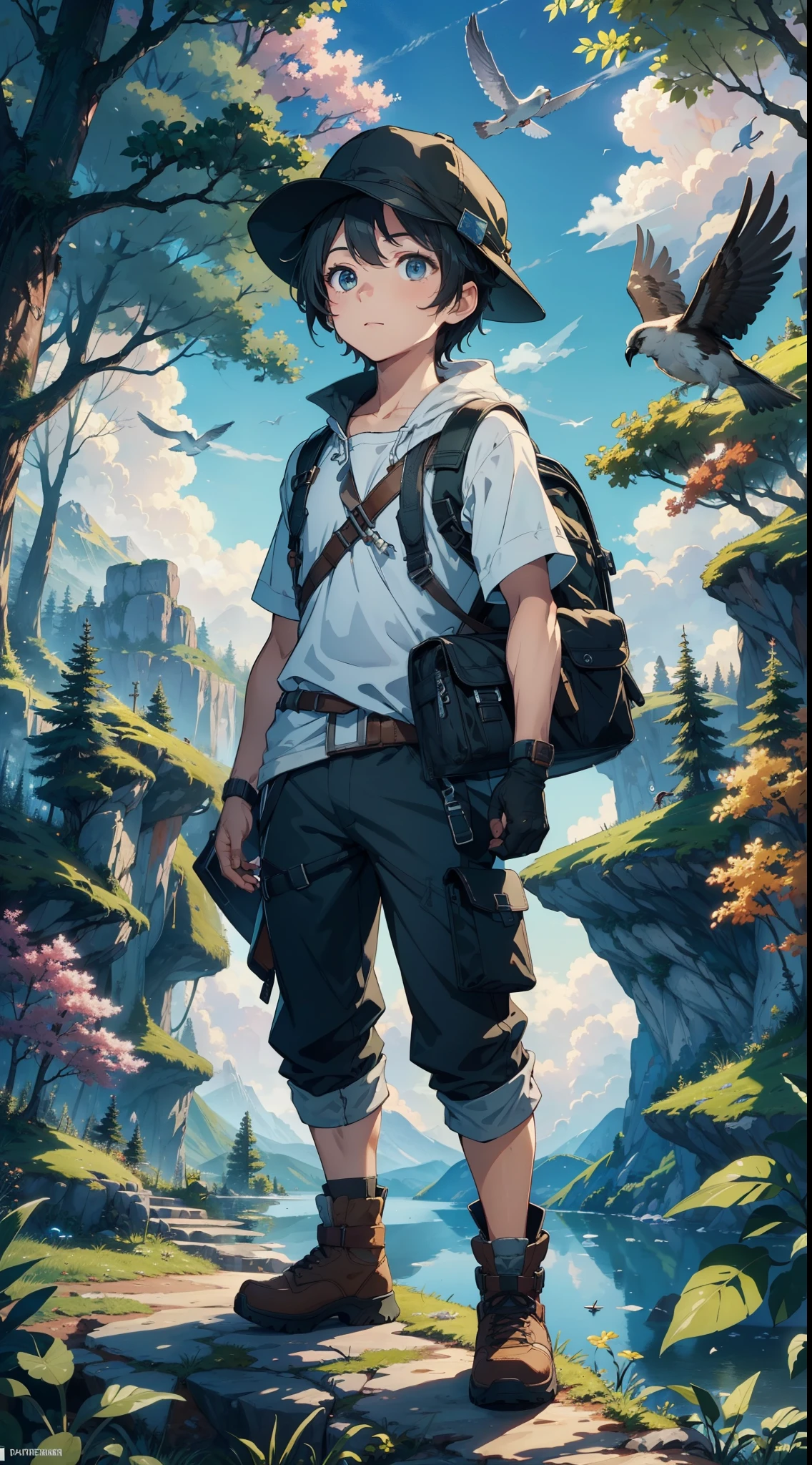 (High quality, 4K, HDR) 1 boy, adventurer, hat, trail clothes, brave adventurer, beautiful colors in the sky, birds in the background, animal, harmonious forest on a large scale, pantasterpiece, ultra realistic professional lighting, ultra thin 8K, fine texture of detailed background, sharp face with perfect strokes.