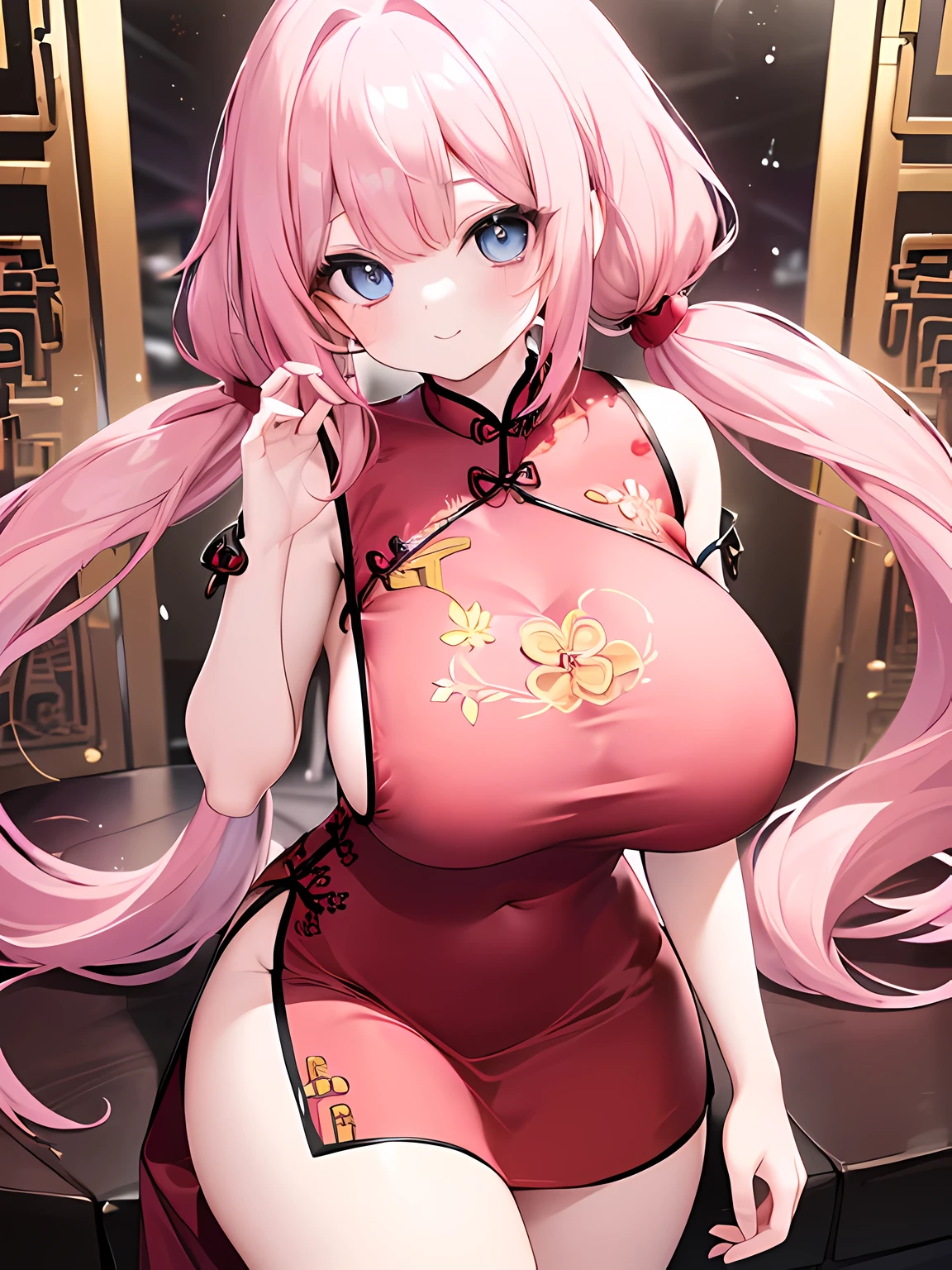 masterpiece,highest quality,(Super detailed),masterpiece,written boundary depth,perfect sentence, Detailed CG,Super detailed,(highly detailed eyes,very cute face,highly detailed face:1.3),beautiful anime girl,(solo girl:1.9),(super huge breasts:1.9),(pink hair,low twin tails:1.5),(light blue eyes:1.3),(smile full of joy:1.3),open your mouth,show viewer,break,(red cheongsam,gold embroidery:1.5),(side boob),cleavage cutout,slit,off shoulder,removable sleeve,micro mini skirt,chinese style background,Are standing