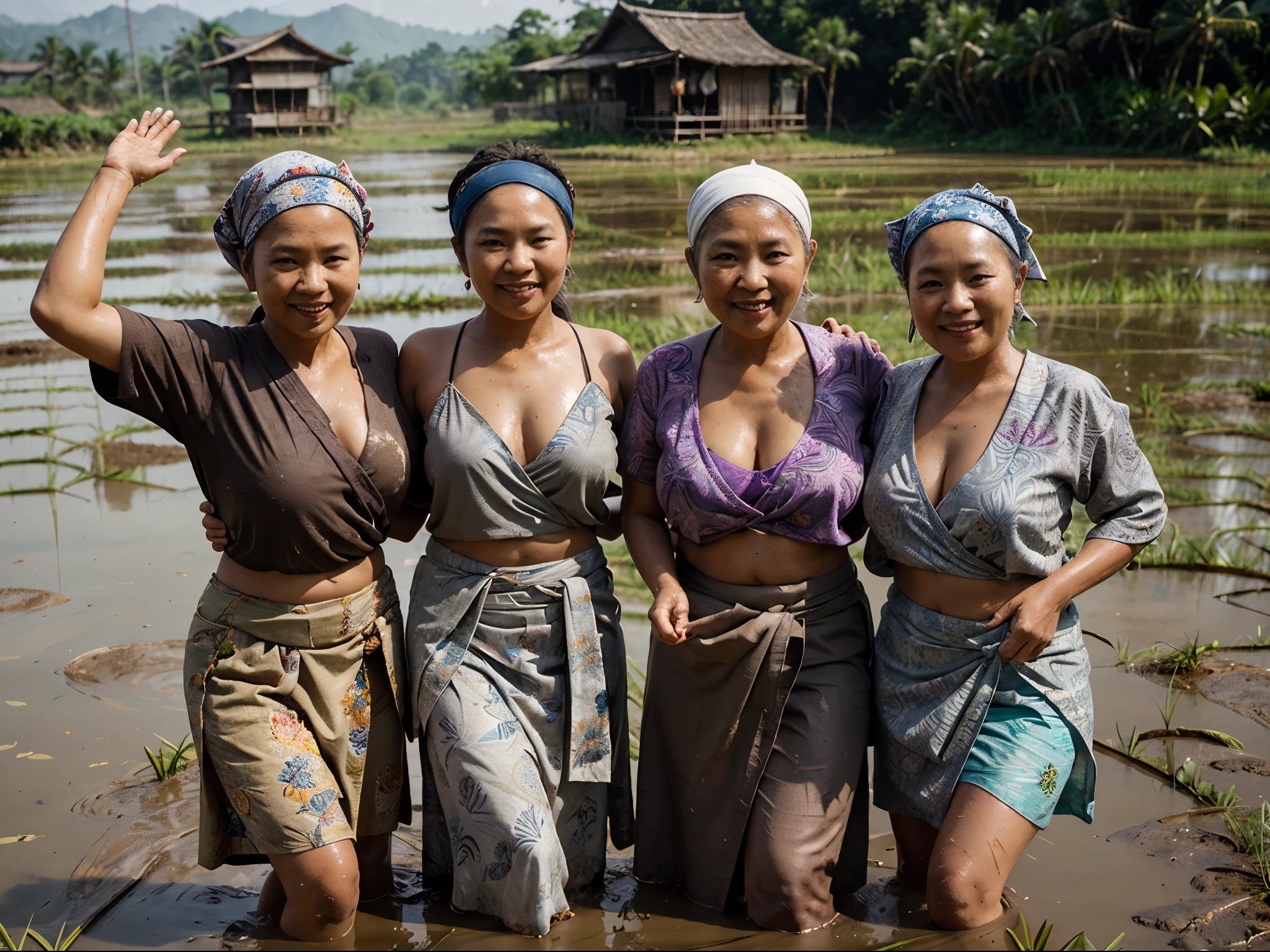 portrait of four person, 4 fat asian old women, dancing in the middle of rice paddy field, bun grey hair, head wrap, wearing full top batik clothing, long brown wrap skirt, smeared with mud, dirty, sweaty, holding paddy plants on the hand