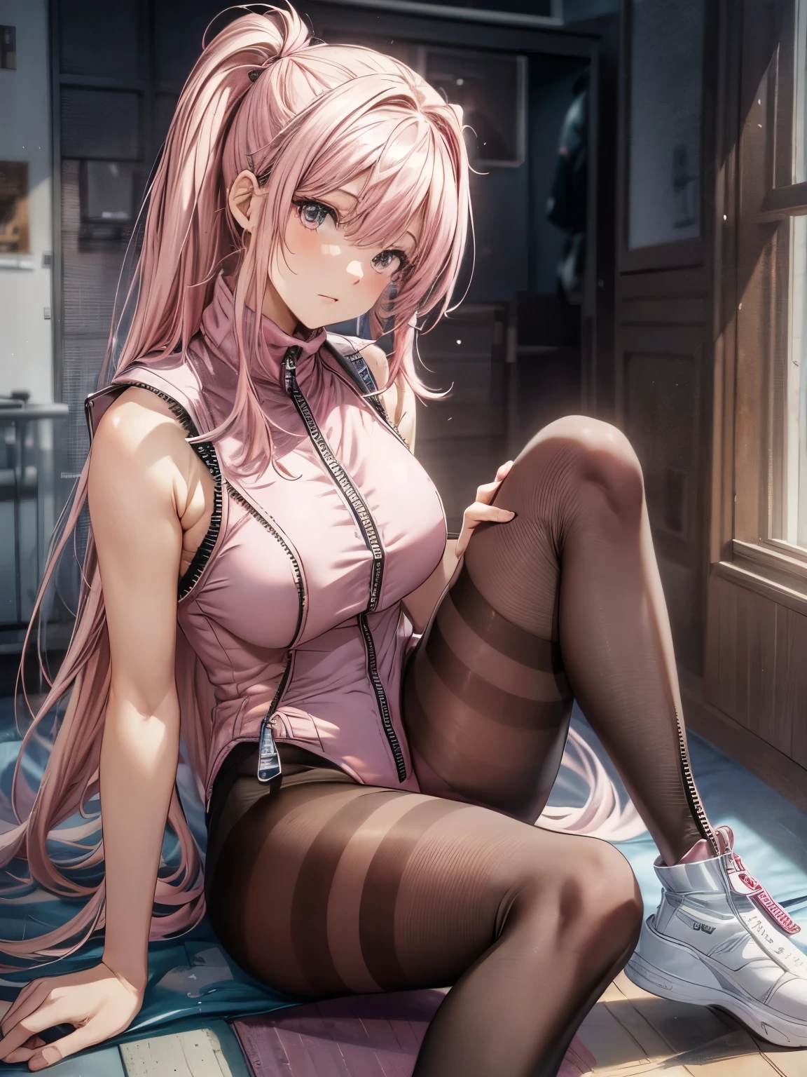 highest quality、one beautiful woman、((pink haired woman:1.3))、woman with twin tails、big breasted woman、(((Pink high neck sleeveless leotard with zipper:1.5)))、((brown pantyhose:1.3))、bare hands、living、sit on the floor with your legs apart、playing with his crotch with his hand