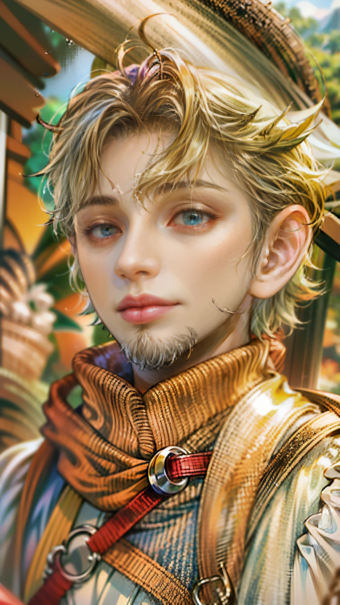 (absurdres, highres, ultra detailed, HDR), masterpiece, best quality, legend of mana character, guy angel, detailed face, handsome face, anime eyes, at the town market in domina , detailed character, detailed outdoor scenery, art kenouji