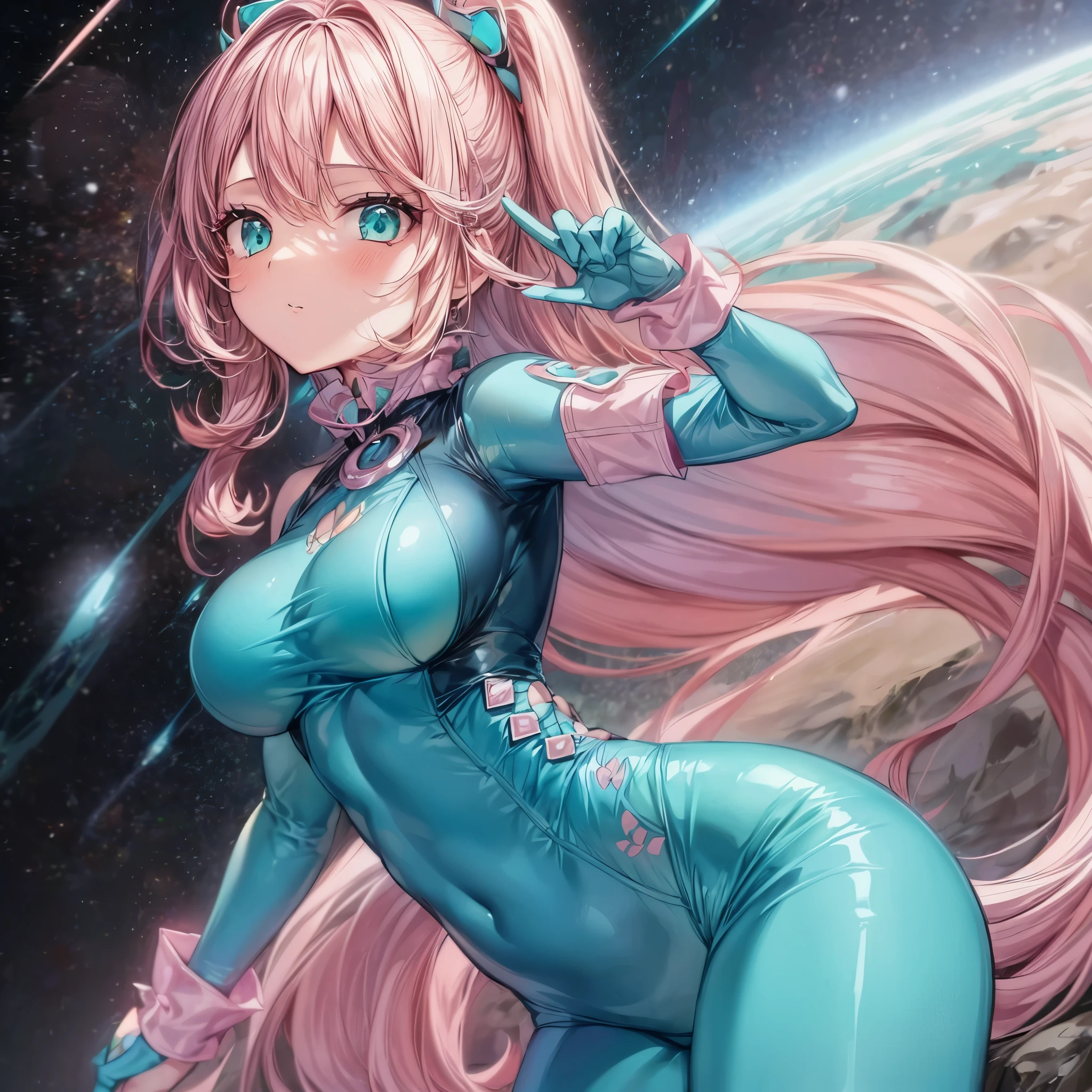1girl, long pink hair, detailed turquoise eyes, turquoise spacesuit, cute girl, sitting, looking at viewer, digital art, masterpiece, highres
