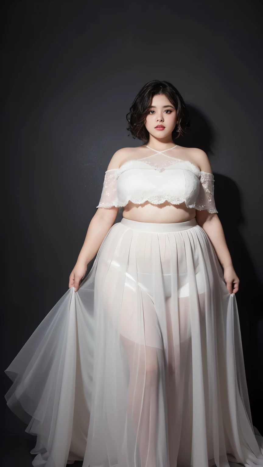 1 girl, obese body, big size, round face, double chin, overweight,Shoulder length Fluffy short curly hair ,high white evening dress transparent lace gauze skirt ,navel,holding her weight on her stomach and looking at the camera,dark room, walking